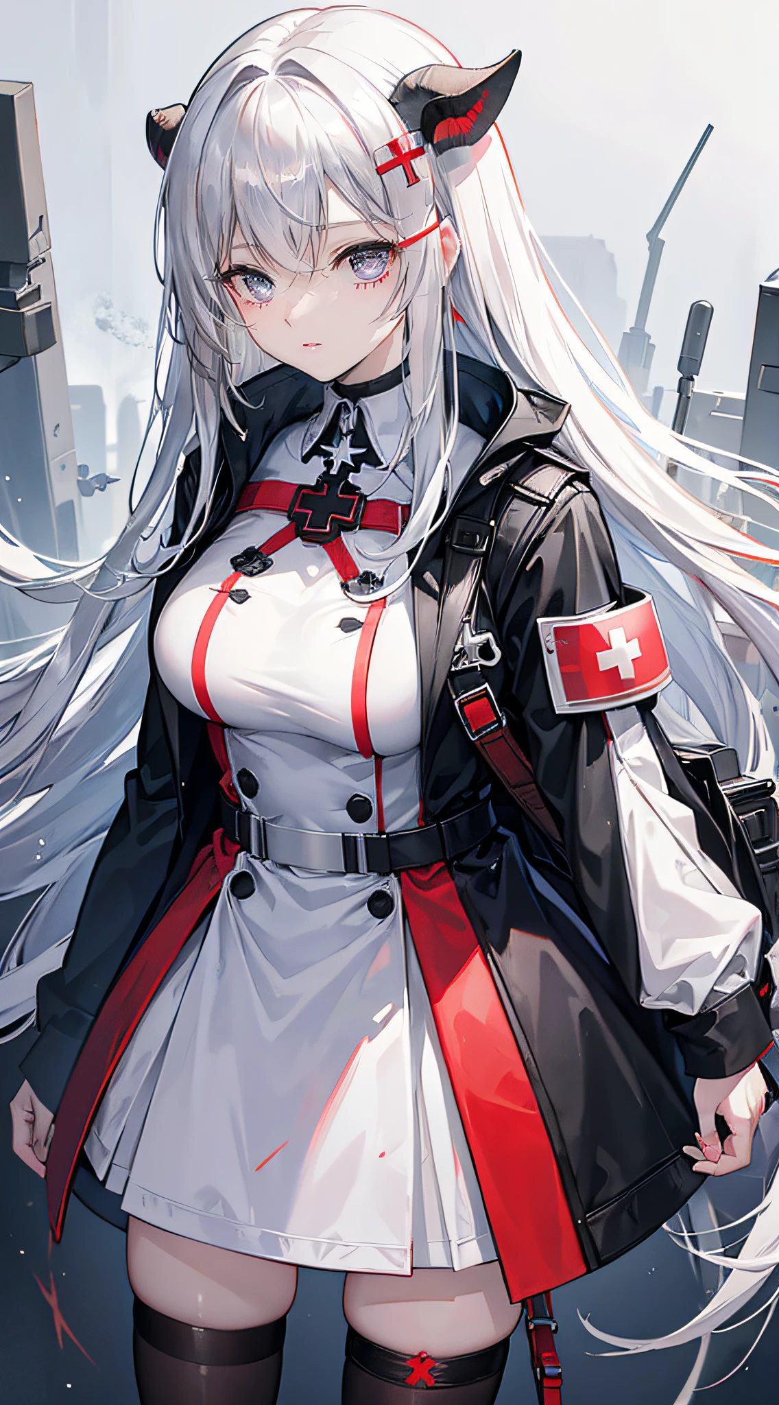 Ark of Tomorrow(best qualtiy,CG class,tmasterpiece)Modern style,(A teenage girl,the doctor,A look of determination,Carry a large medical backpack,Gray hair,Pale golden vertical pupils,Long hair that falls over the shoulder,Clear eyes,Clear expressions,The main purpose of the operation was to help the wounded,Wear a medical gown(White mixed with black,There is a Red Cross),Iron cross-shaped hair ornament,black leg rings,neck rings(White and red mixed colors),The left eye closes slightly,Rhino horn on the head)。enviroment:城市,Shells flew across the battlefield,and it was raining lightly,The whole scene is monotonous in gray and black