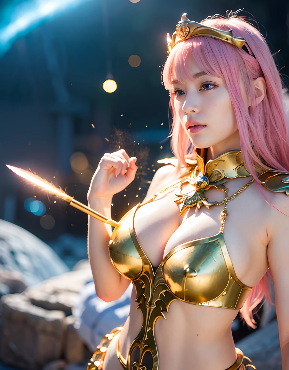 Professional , masterpiece、top-quality、photos realistic , 、top-quality、超A high resolution、(Photorealsitic:1.4)、Raw photo、depth of fields (Gemstone Gold Metal Body:1.9),(Matte White、Toostock、heavy breasts、(cleavage of the breast)、(((Micro Bikini Armor))),(Detailed Dragon Armor)、(Have the strongest weapon)、((Random Hairstyles 1.6),Dark Fantasy,)explosions、intense fighting、(Precipitous cliffs),Dragon Gold Weapon,Mystical expression、Particles of light、Fight dragons、(Detailed Dragon Helmet),Gorgeous Silver Weapons ,(( Dragon's dense and gorgeous sword)) , Beautiful knife ,warhammer 40k ,Detail and gorgeous tiaras、((Pink hair))、(Castle background)、、((Gangle's forest background))、Beautiful Caucasian beauty、1a person、dynamic ungle,(((With detailed shielding)))、Smaller head、A smile、Castle background、Thin and beautiful female hands、cleavage of the breast、Soldier in iron armor on background、Mystical expression、Light Effects、intense fighting、Wind-effect、magic circles、With the legendary magic wand、(huge-breasted)、Toostock、