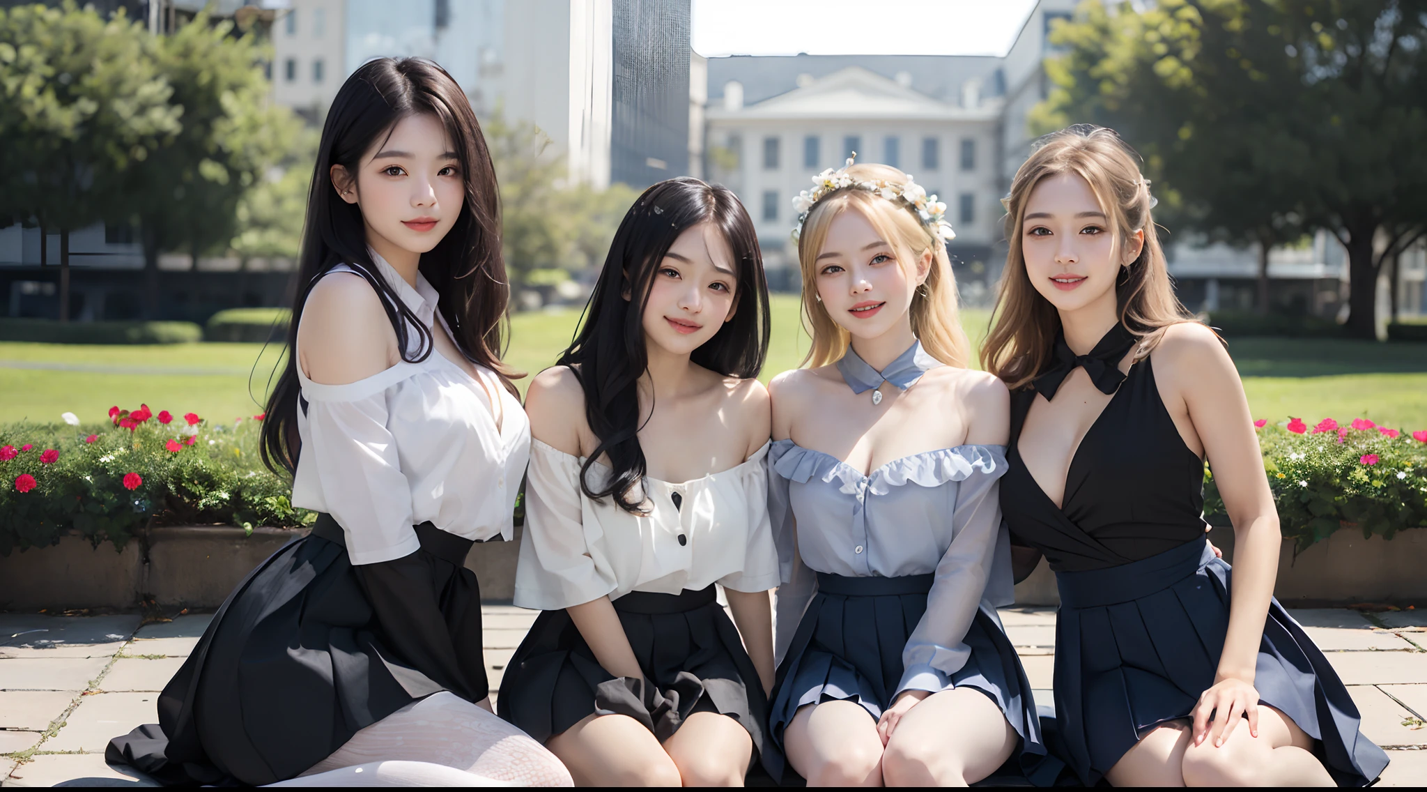 (3 female students, 1 handsome male), bright smile, beautiful mouth, (Bare shoulders), big breasts, pleated skirt, blonde hair, long black hair, bangs, sitting on the flower park lawn (Quality best, Super detailed), (Heavenly starlight), (Wrapped in light), (Beautiful and mysterious),