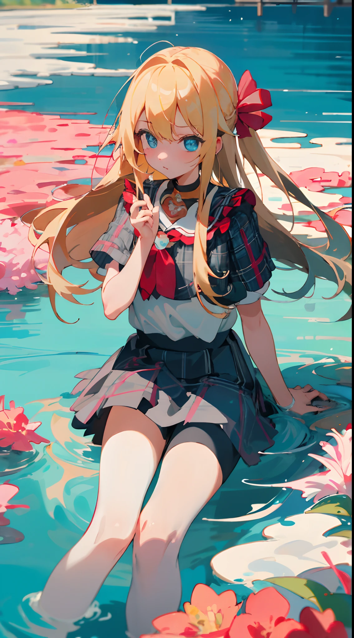 Masterpiece quality，The best quality assurance。A long blonde hair、Cute girl with aqua blue eyes。balmy，astonishment,Exudes magic，With a red headband，Long hair fluttered in the breeze，Be red in the face,White blouse with a baby doll collar tied with a pink bow on the chest,Grey and black plaid skirt,White stockings,Genki girl，Sit in a sea of flowers