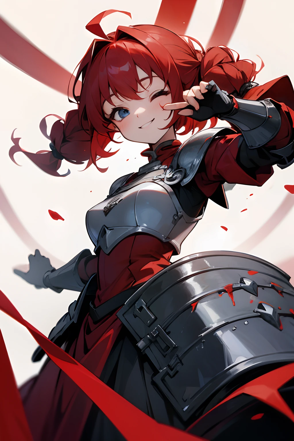 Red-haired young lady、Perm double knot、a smile、Eyes closed、Dress like armor、Whole body bloody