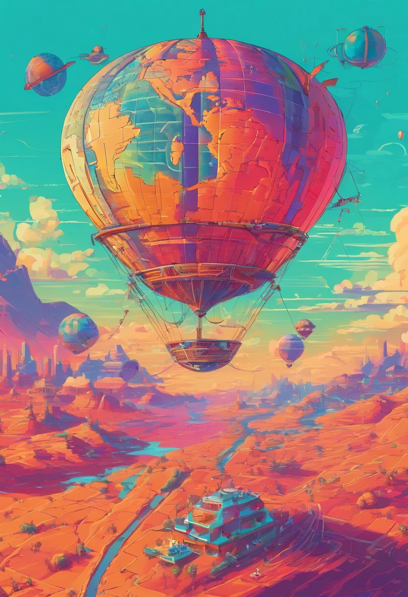 A picture of a hot air baloon whose baloon is a the (map of Earth: best detailed, masterpiece, ultra detailed: 1.5), it flies at dawn, over rolling grass hills, high details, best quality, 16k, [ultra detailed], masterpiece, best quality, (ultra detailed), full body, ultra wide shot, photorealism 3d rendering,