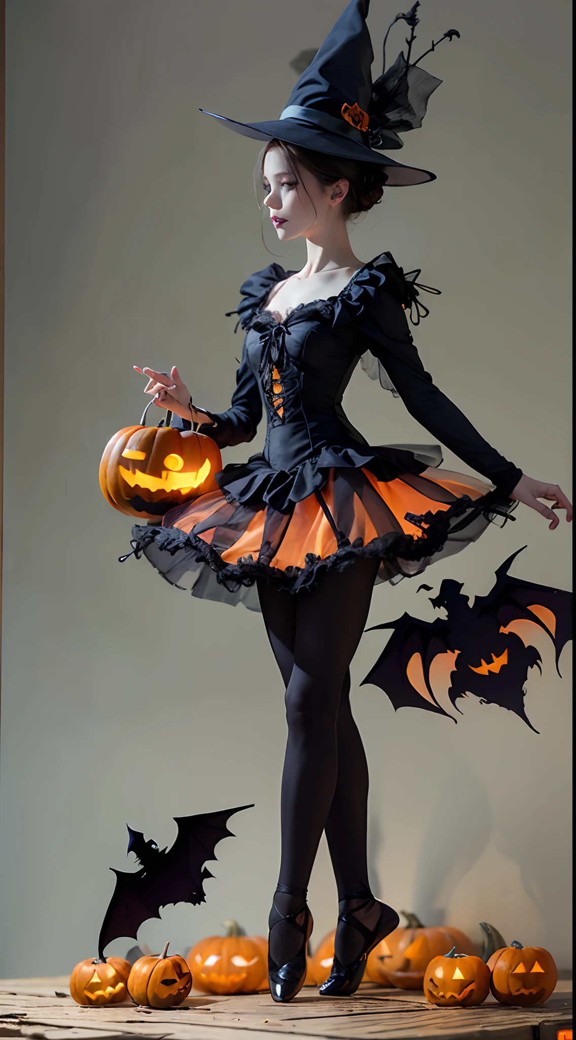 halloween theme,A ballerina,Wear a Halloween costume,ballet slippers,Vivid colors,Light jump,wings,A calm and delicate posture,Mesmerizing pointe technique,Delicate and precise footwork,Exquisite balance and control.Witch hat,Spooky makeup,background inside dark,Boers and bats,hauntingly beautiful,nighttime scene,Fallen leaves,pumpkin lantern,Terrible truth,Enchanting moonshine,Haunted mansion silhouette.((Best quality,Masterpiece:1.2,photo-realistic:1.37,Halloween:1.2))
