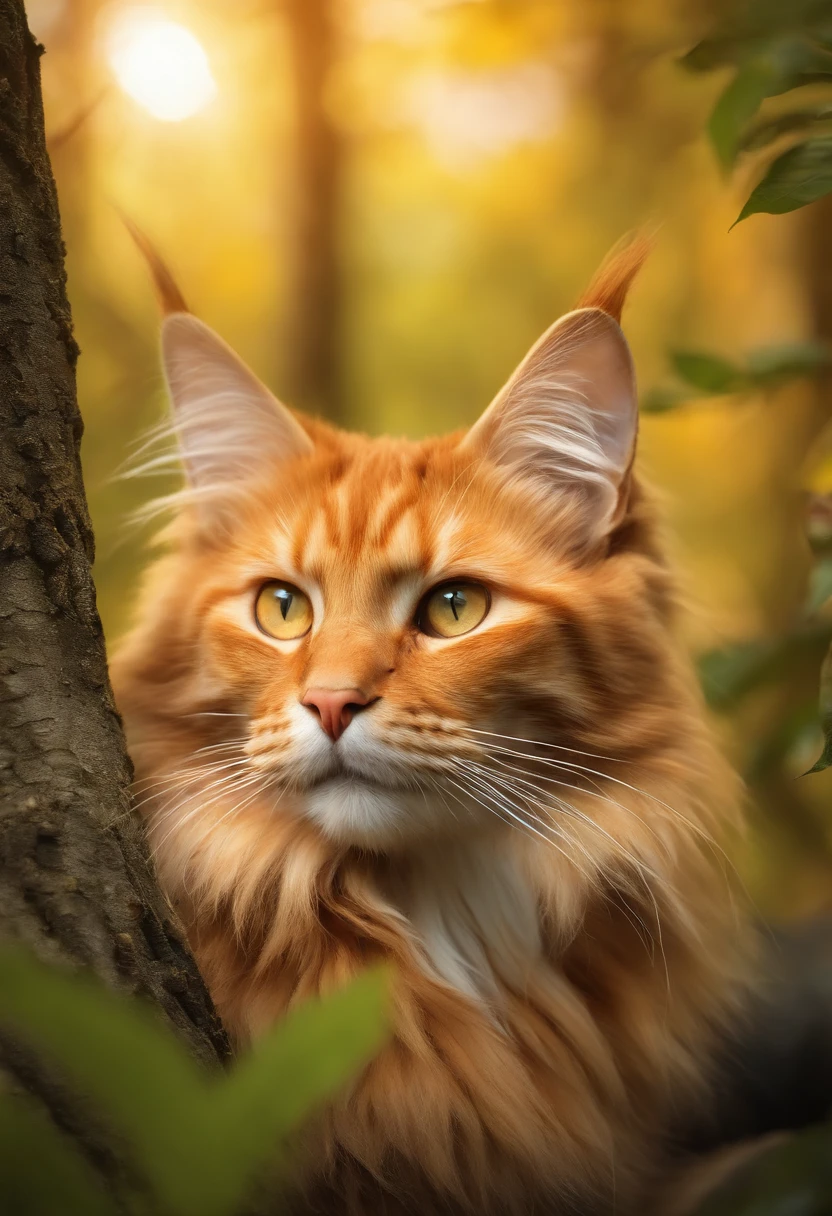 (best quality,high-res,ultra-detailed),Maine coon cat color orange tabby with some parts on color white,in a lush and vibrant forest,with a beam of light filtering through the dense foliage,gothic-inspired banana tree in the foreground,exquisitely detailed and realistic,with intricate and delicate patterns on the leaves and trunk,giving an air of mystery and elegance,branches and vines entwined with the tree,creating a sense of movement and dynamism,creating a visually captivating composition,the cat is sitting majestically on a branch,with piercing black eyes and a regal posture,the sunlight illuminating its majestic fur,with every strand and whisker meticulously rendered,the forest is alive with vibrant colors,from the vivid greens of the leaves to the rich shades of brown and orange of the tree trunk,enhanced by the warm and golden tones of the sunlight,the whole scene bathed in a magical and enchanting atmosphere,capturing the essence of the serene and mysterious beauty of the forest.