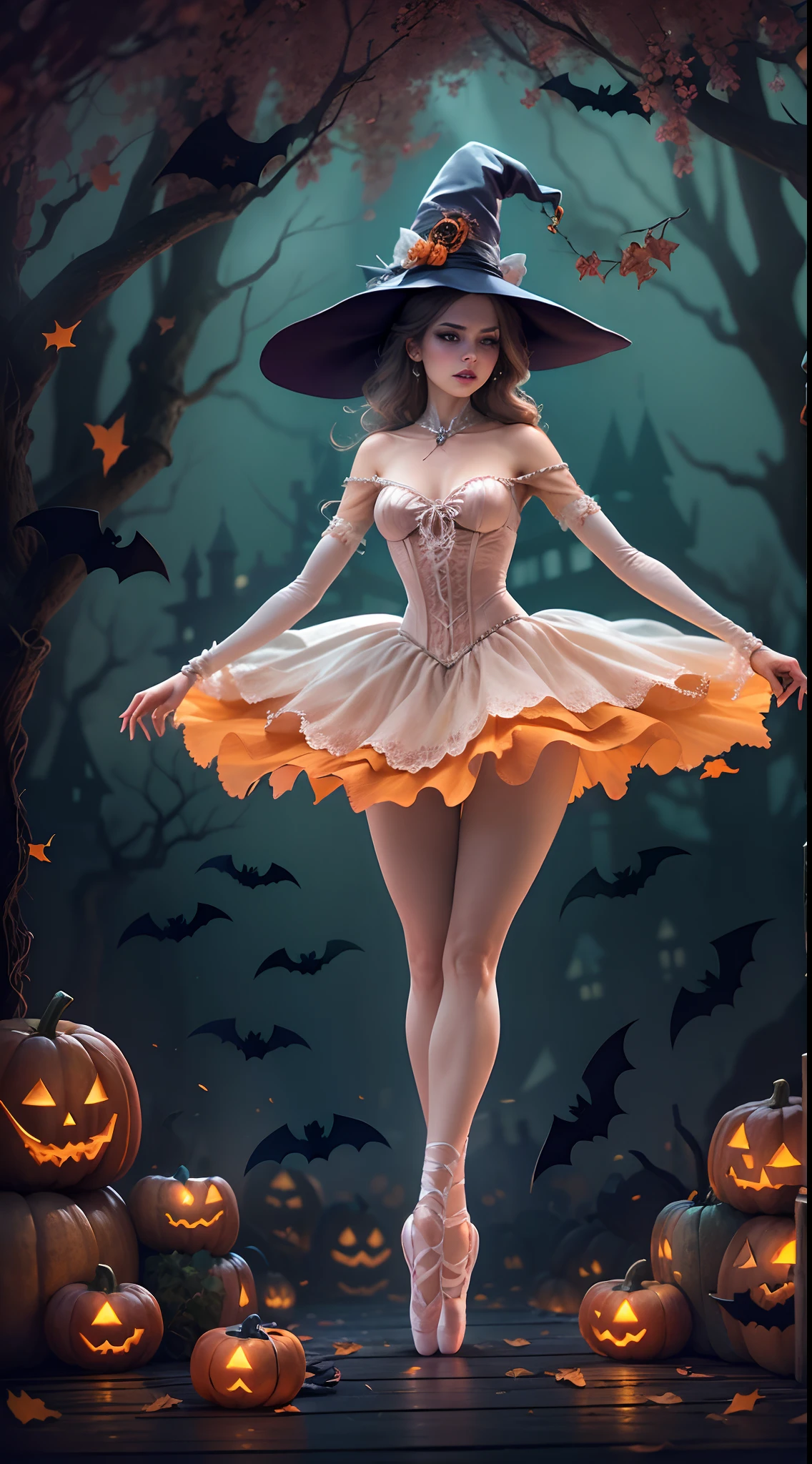 halloween theme,A ballerina,Wear a Halloween costume,ballet slippers,Vivid colors,Light jump,wings,A calm and delicate posture,Mesmerizing pointe technique,Delicate and precise footwork,Exquisite balance and control.Witch hat,Spooky makeup,background inside dark,Boers and bats,hauntingly beautiful,nighttime scene,Fallen leaves,pumpkin lantern,Terrible truth,Enchanting moonshine,Haunted mansion silhouette.((Best quality,Masterpiece:1.2,photo-realistic:1.37,Halloween:1.2))