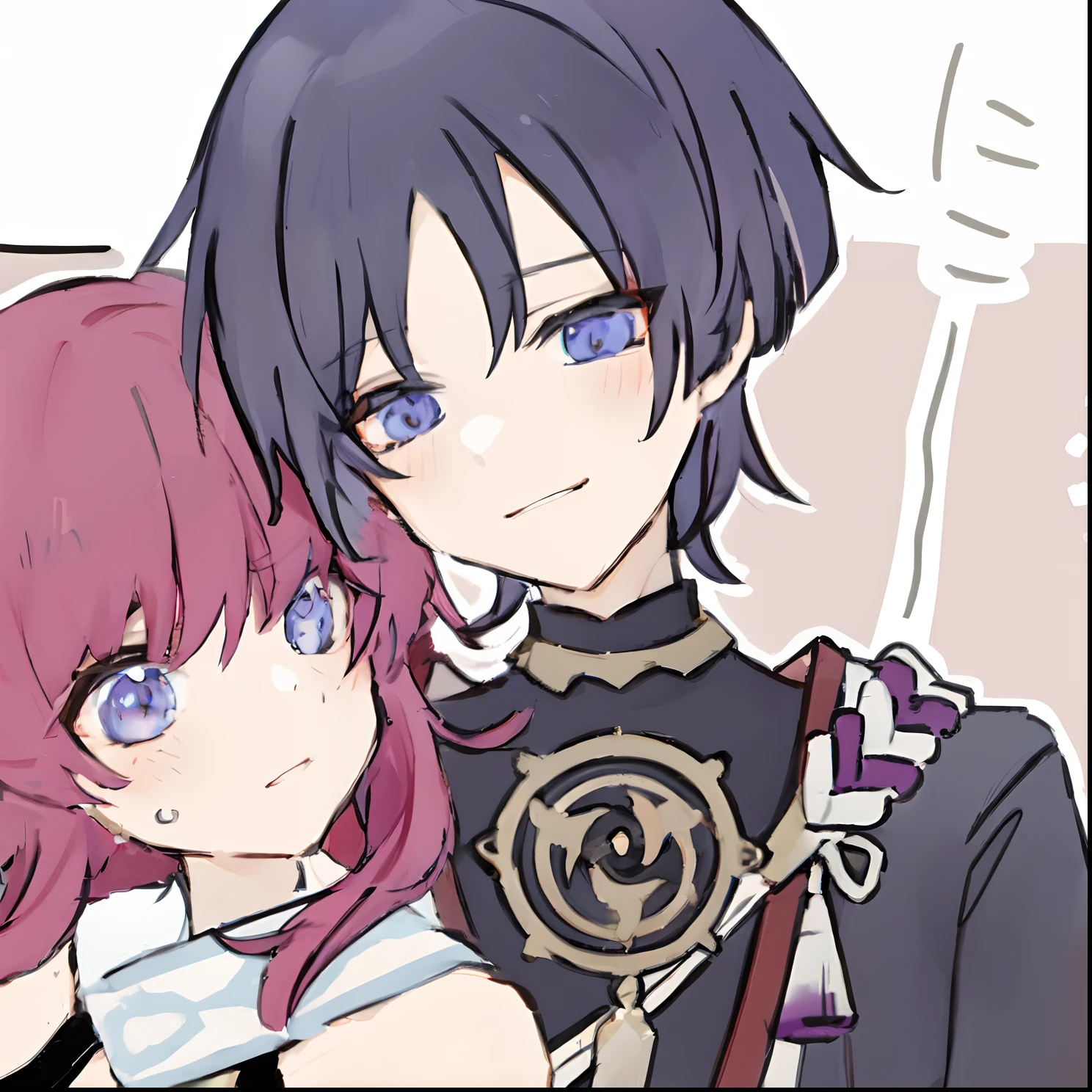 anime couple(boyfriend and girlfriend) boy:purple hair and blue eyes same design as scaramouche. girl pink hair and blue eyes straight hair. hugging each other, sasoura, 2 d anime, anime in fantasy style, hidari and vlop, tsuaii, genshin, 2 d anime style, fus rei, anime stylized, hero 2 d fanart artsation, 2 d art, 2d art, inspired by Okumura Masanobu