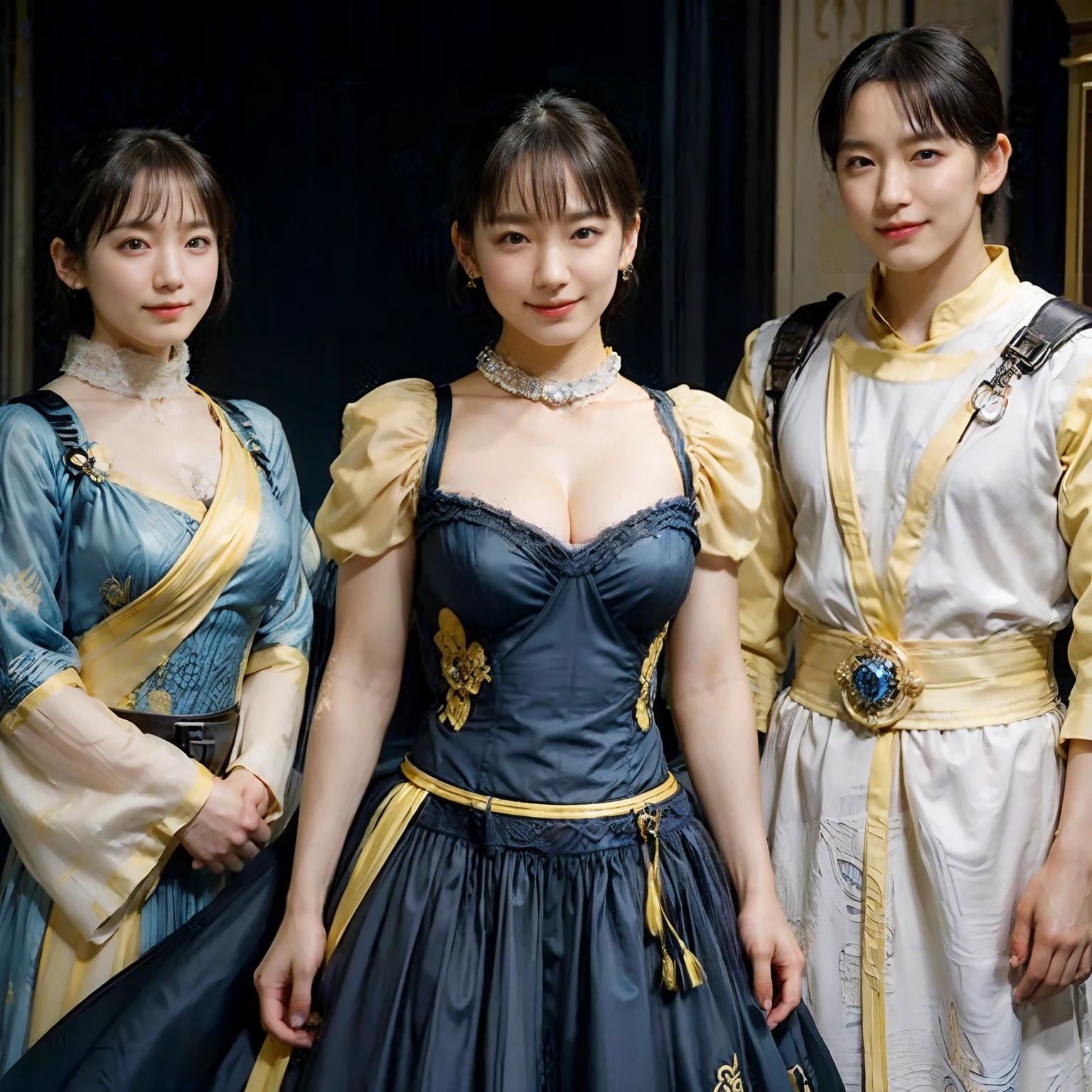 77
(20-year-old princess,is standing), (A hyper-realistic), (masutepiece), ((short-hair:1.46)), (Smooth black hair), (Breast:1.0), (kindly smile:0.9), (Luxurious dress in blue and yellow:1.46), Majestic Palace, Orange Lipstick