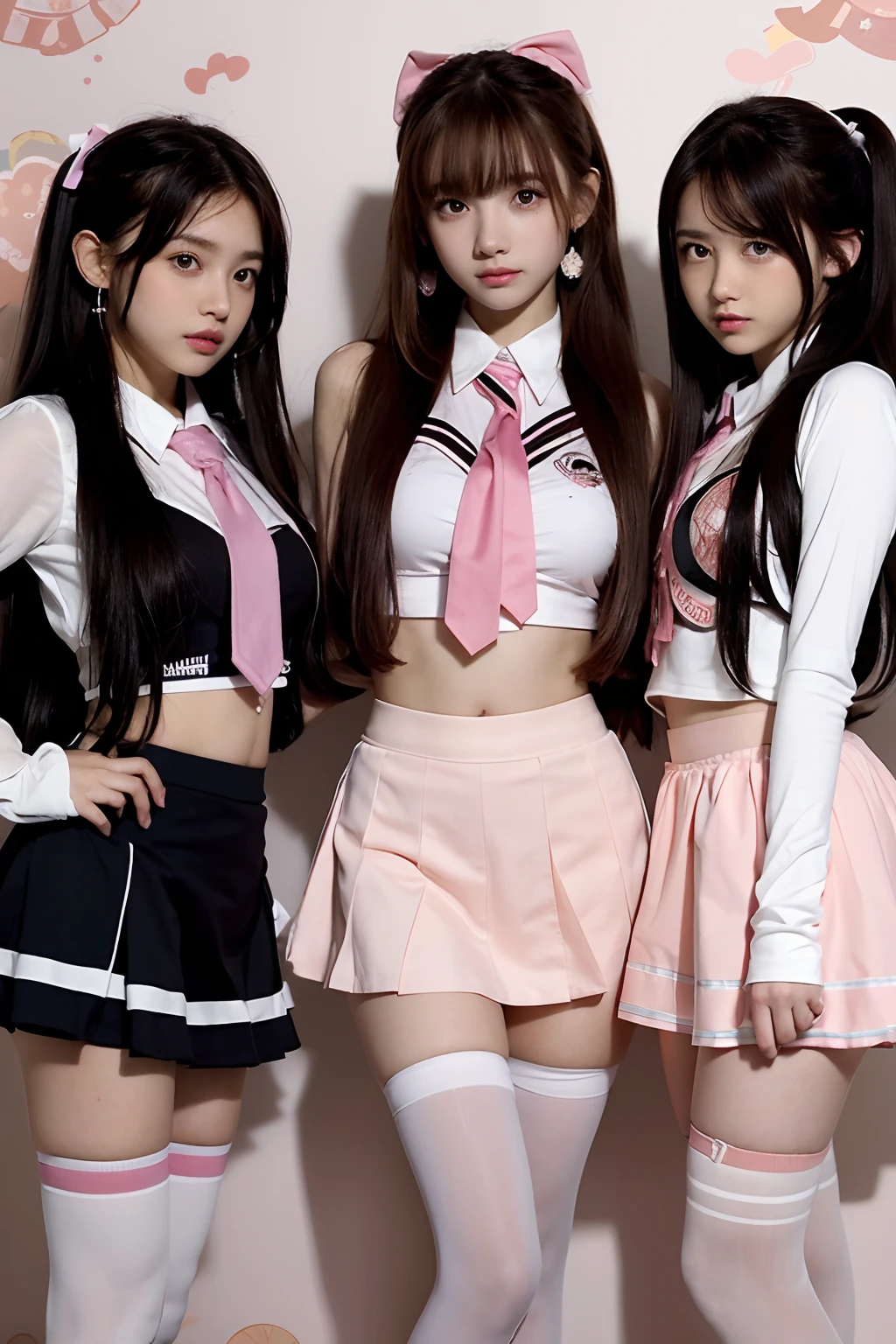 Masterpiece, Best quality, Realistic, Real, incredibly_absurderes, the wallpaper, 3girl, cheer leader, Long hair, Brown hair, Pink hair, Wavy hair, Small breasts, seifuku, school uniform, Shorts under the skirt, white thighhighs, Earrings, pendant, half gloves ,