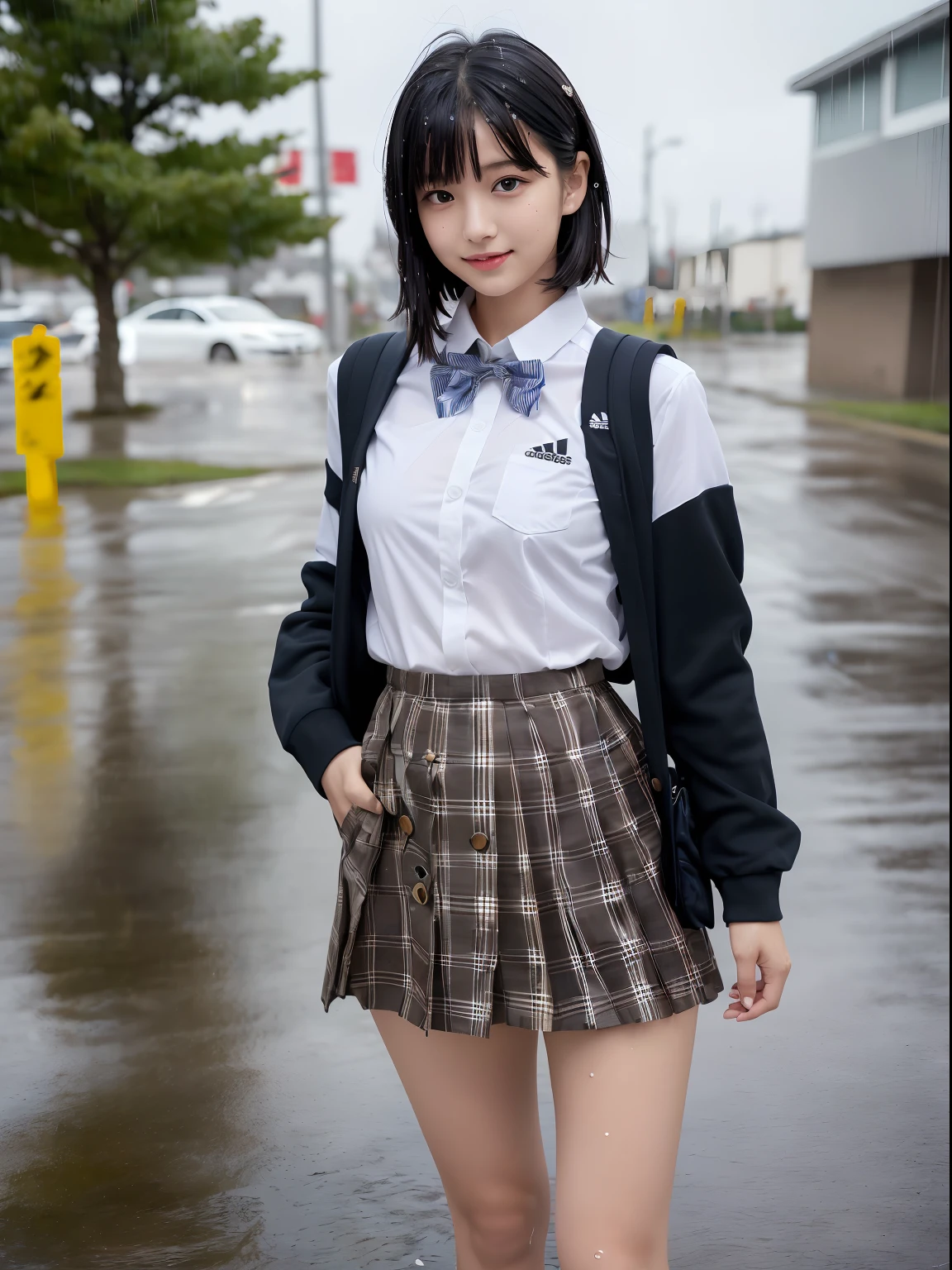 (masutepiece:1.3), (8K, Photorealistic, Raw photo, Best Quality: 1.4), Japanese, (1girl in), Beautiful face, (Realistic face), (Black hair), Beautiful hairstyle, Realistic eyes, Beautiful detailed eyes, (Realistic skin), Beautiful skin, Attractive, 超A high resolution, A hyper-realistic, Highly detailed, Golden ratio、(Fair skin:1.2), Glowing eyes, (Faint lips:1.2), (Refreshing breeze:1.3), (Medium Messy Hair, Bangs:1.3), (Brown eyes), (slender),
(flat chest:1.4), (Face and leg shots:1.3), (Standing, Side view), (Smile:1.2),
(White Long Sleeve Button Down Shirt, Black School Ankle Socks, Adidas_sneakers, Plaid pleated midi skirt, School Bow Ties:1.3), (rucksack:1.2),(japanaese girl:1.2), (Idol:1.3)、(no-bra)(Small beautiful hard(Thin, moist buttons up to shirt length:1.1)、(Uniform wet in the rain)、a street、wetbody:1.1, (Children's Panties) ), (skirt rift:1.1),
