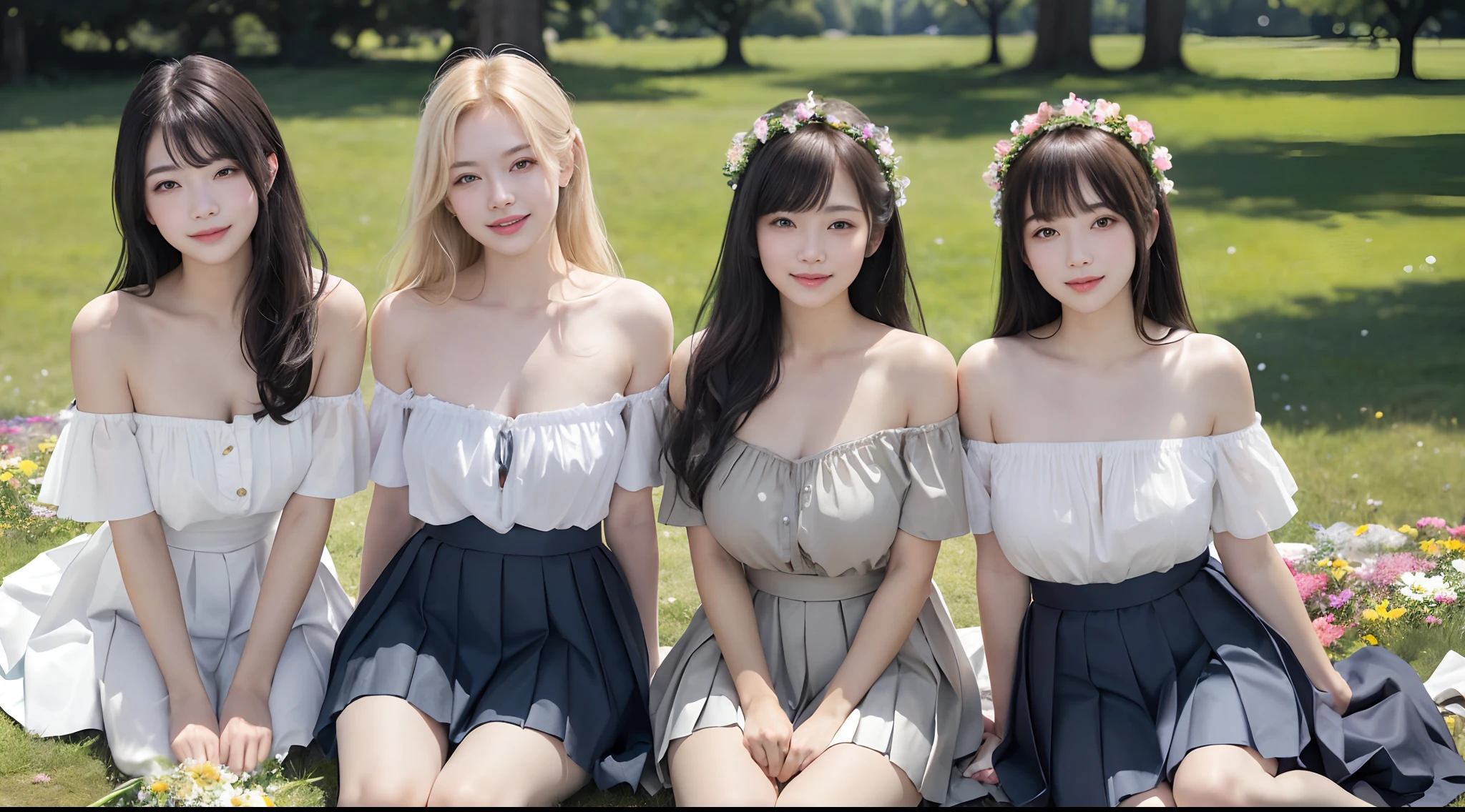 (3 female students, 1 handsome male), bright smile, beautiful mouth, (Bare shoulders), big breasts, pleated skirt, blonde hair, long black hair, bangs, sitting on the grass full of flowers in the park ( Best quality, Super detailed), (Heavenly starlight), (Wrapped in light), (Beautiful and mysterious),