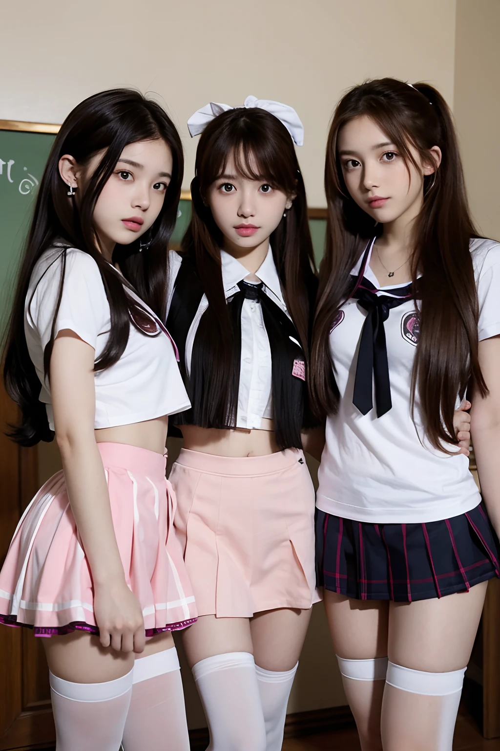 Masterpiece, Best quality, Realistic, Real, incredibly_absurderes, the wallpaper, 3girl, cheer leader, Long hair, Brown hair, Pink hair, Wavy hair, Small breasts, seifuku, school uniform, Shorts under the skirt, white thighhighs, Earrings, pendant, half gloves ,