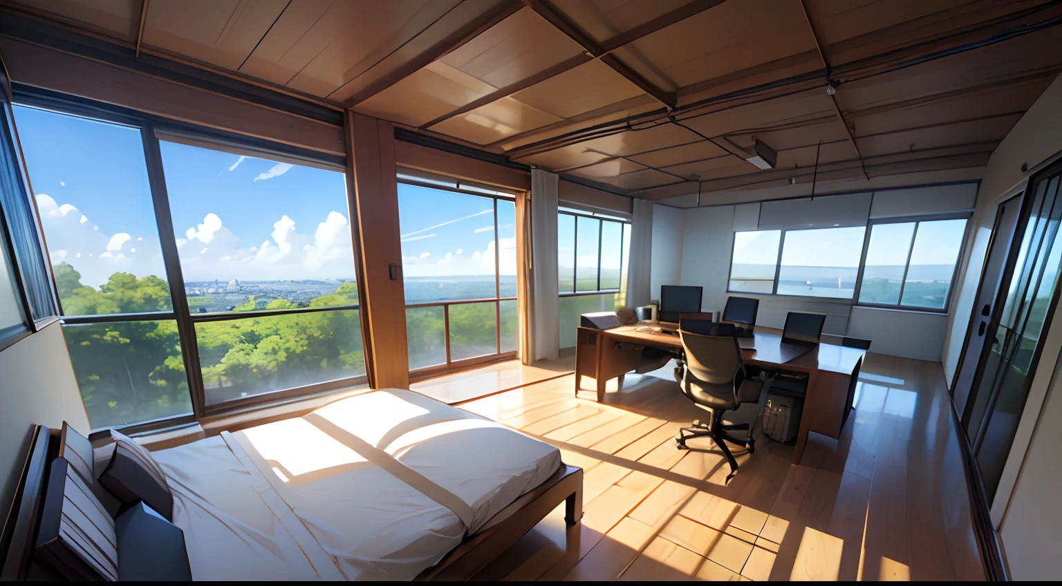 anime home office interiors, nature view, large windows, single bed, (((horizontal, one-point perspective)))