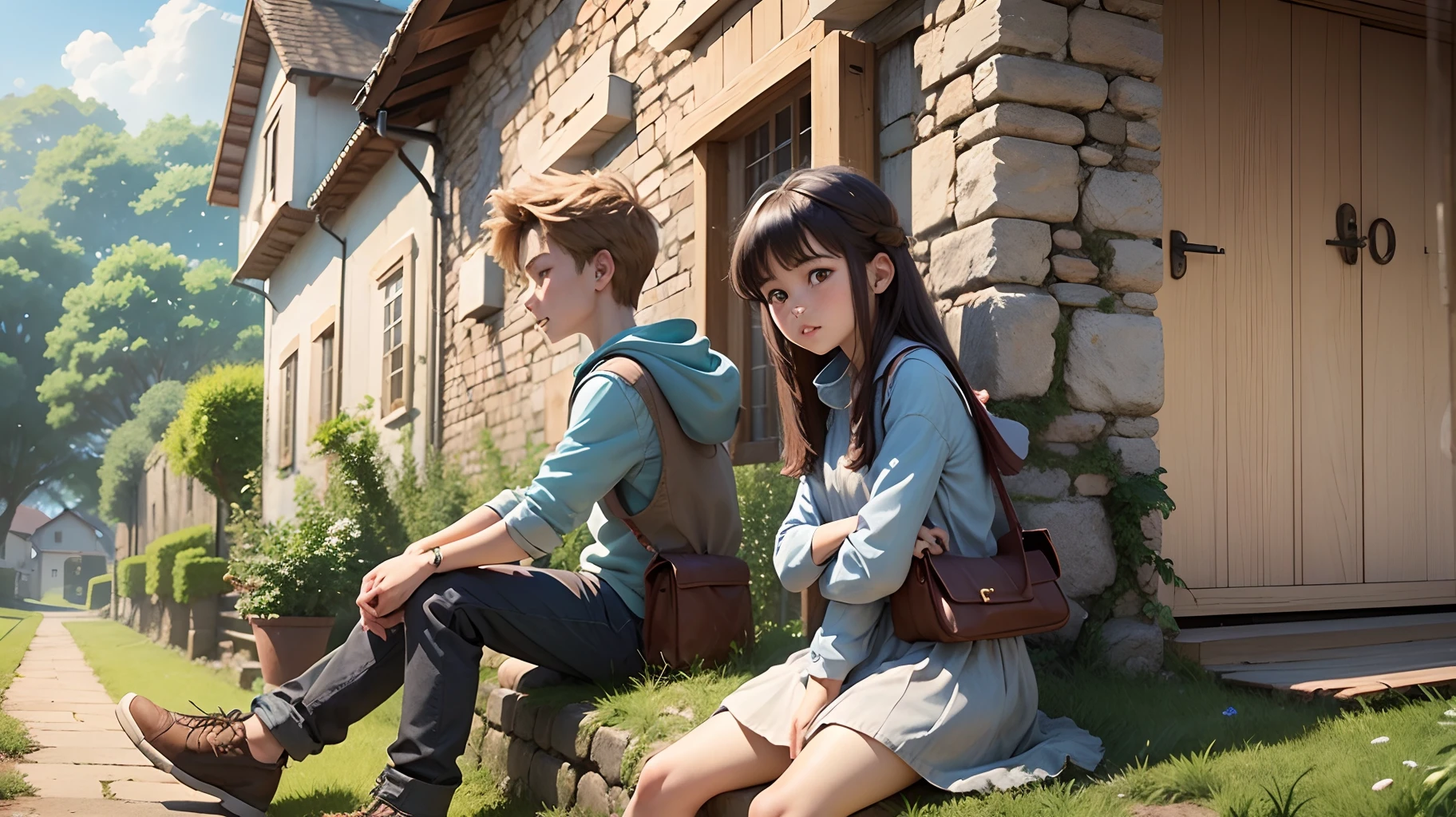 3d kids cartoon, In a quiet village surrounded by green fields, two 18-year-old boys and girls, sitting side by side and talking, --auto --s2