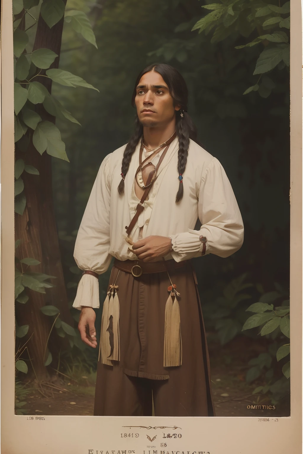 year: 1849. Location: Rock Island, Illinois. Pre-Raphaelite scene with a 31-year-old sauk native american man, scared, sentenced, (((martyr))), ((((poor Clothing from the 1840s)))) ((Hairstyle of the 1840s)), ((("OMITB" cinematography)))