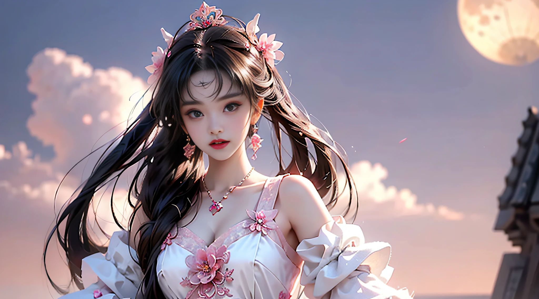 ung queen,(((Wearing a pink lace top))),Pink clothes,a Chinese-style dress,Ancient costumes often have phoenix motifs,Spotlessly clean pink white face,Black hair that is hip-high,Very nice sharp brown eyes,Small red lips,Painted lips,attractive smile,Jewelry is worn around his neck,耳Nipple Ring,Teeth are white and even, a tall nose,big round brea girl's body is covered with water on chest,delicate leg,thin mesh black socks,sportrait,most realistic,HighestQuali,best pixels,8K Ultra,