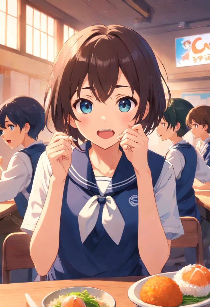 animesque　a beauty girl　short-cut　boyish　hi-school girl　I'm eating a big rice ball with both hands　校服　a sailor suit　Ribbon at chest　In the school　Big mouth open