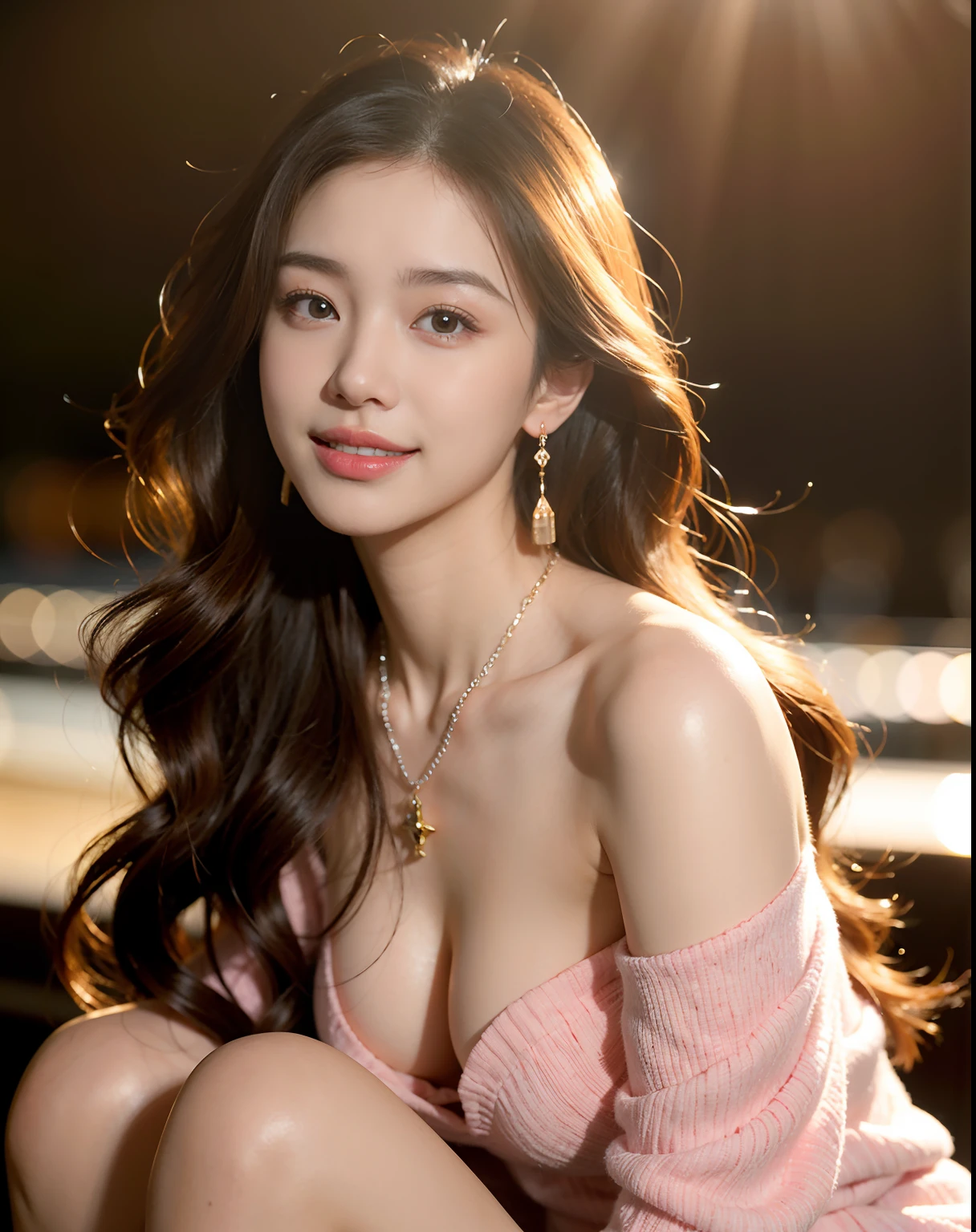 masutepiece, 超A high resolution, (Photorealistic:1.4), Raw photo, One girl posing for a photo, Wavy long hair, Earring Necklace, off shoulders, lightsmile, good lighting, Film Color Grading for Movies, sunray, sunset