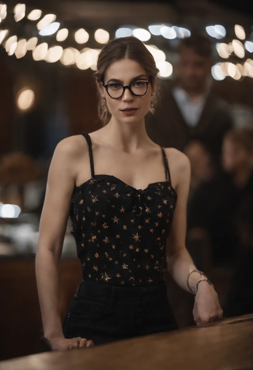 1 girl with pale skin, Small breasts, Wearing thick-rimmed glasses，Highlight her facial features, with short hair, Ponytail and gray, Silver shirt, Under the shirt，She wore another shirt, The details in vivid colors are reminiscent of stars and planets in outer space, and blue skirt high-top boots，Non-slip sole,