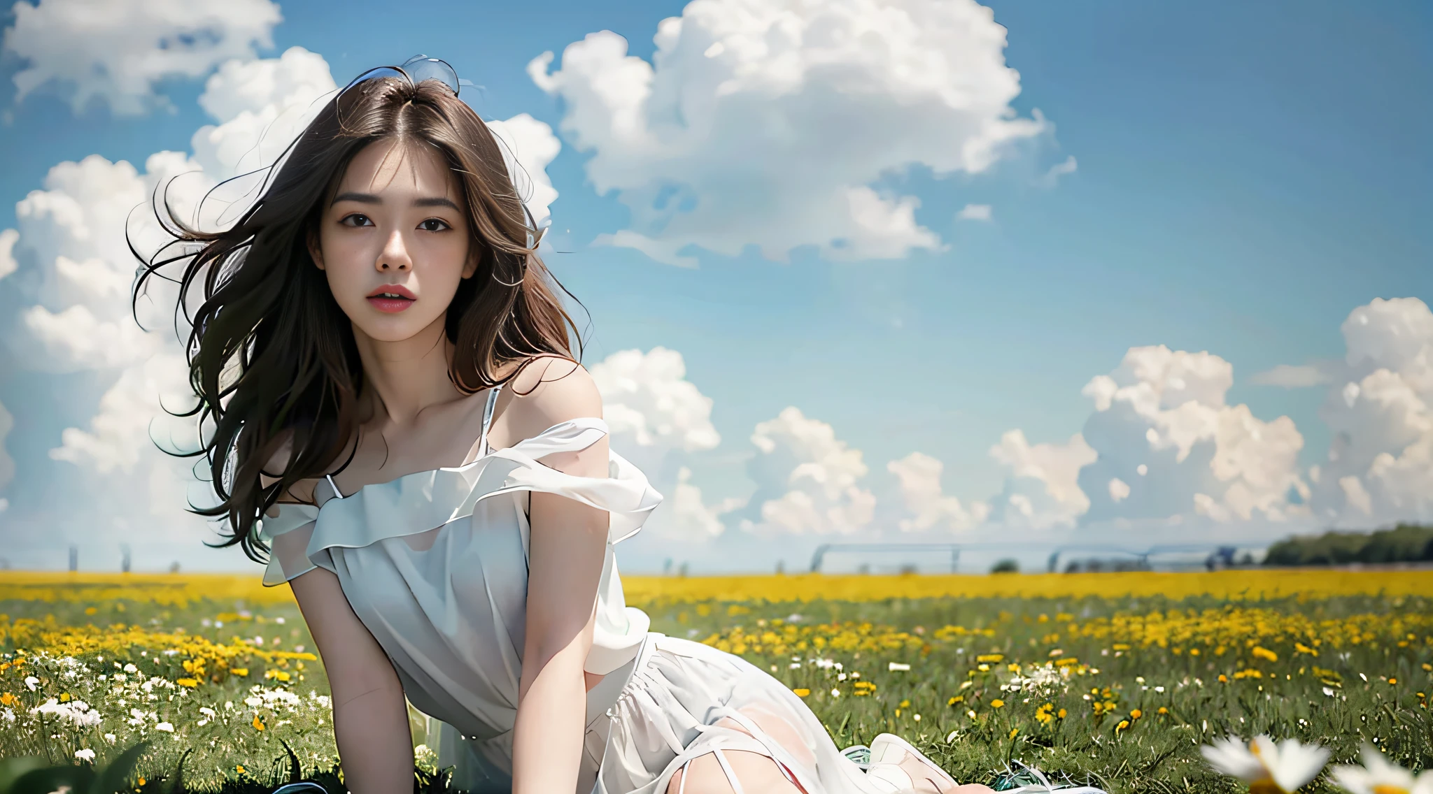 best qualtiy,tmasterpiece,Super high resolution,(Realism:1.4),Blue sky and white clouds,A sea of green grass and flowers,Original photo,24-year-old sexy model,Pretty face,Charming eyes,Slim figure,Long hair fluttering in the wind,White transparent gauze garment,White transparent skirt,Messy tops,Half-exposed chest,The shoulder straps slip off,Sexy legs,A skirt that flutters in the wind,Sit on the grass,Warm colors,Dark tones,A bottom-up perspective,Incredibly detailed,Super detailed