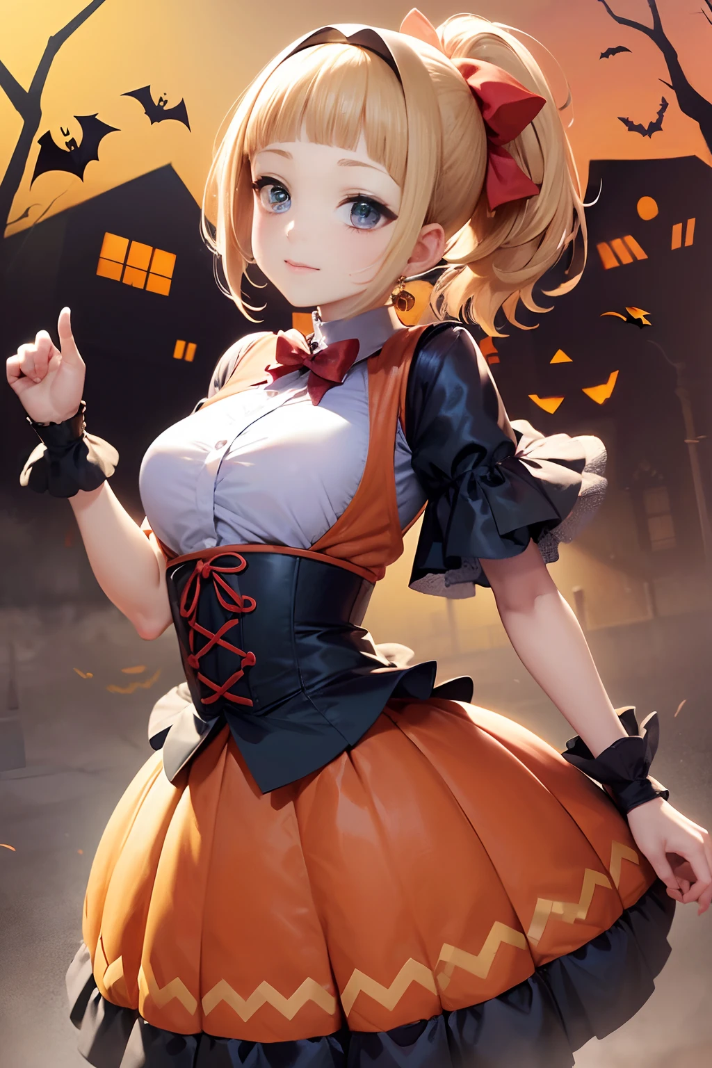 Halloween, ((Halloween Costumes:1.5)), ((skirt by the:1.5)), BREAK, very detailed face and eyes, ((Kyoto Animation Style)), super precision, masterpiece, very extremely beautiful, Princess Face, shorth hair, Straight hair, a blond, ((Short ponytail:1.5)), ((Straight bangs:1.5)), ((hime-cut:1.5)), Blue eyes, ((medium breasts)), BREAK, Red ribbons, cowboy shot, dynamicposes, gland, A slight smil, frombelow, shrines, chapel, is standing, frombelow, a closed mouth, kawaii faces,