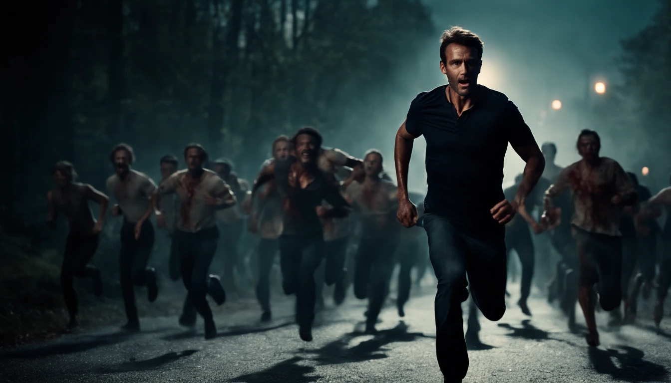 man running away from zombie horde