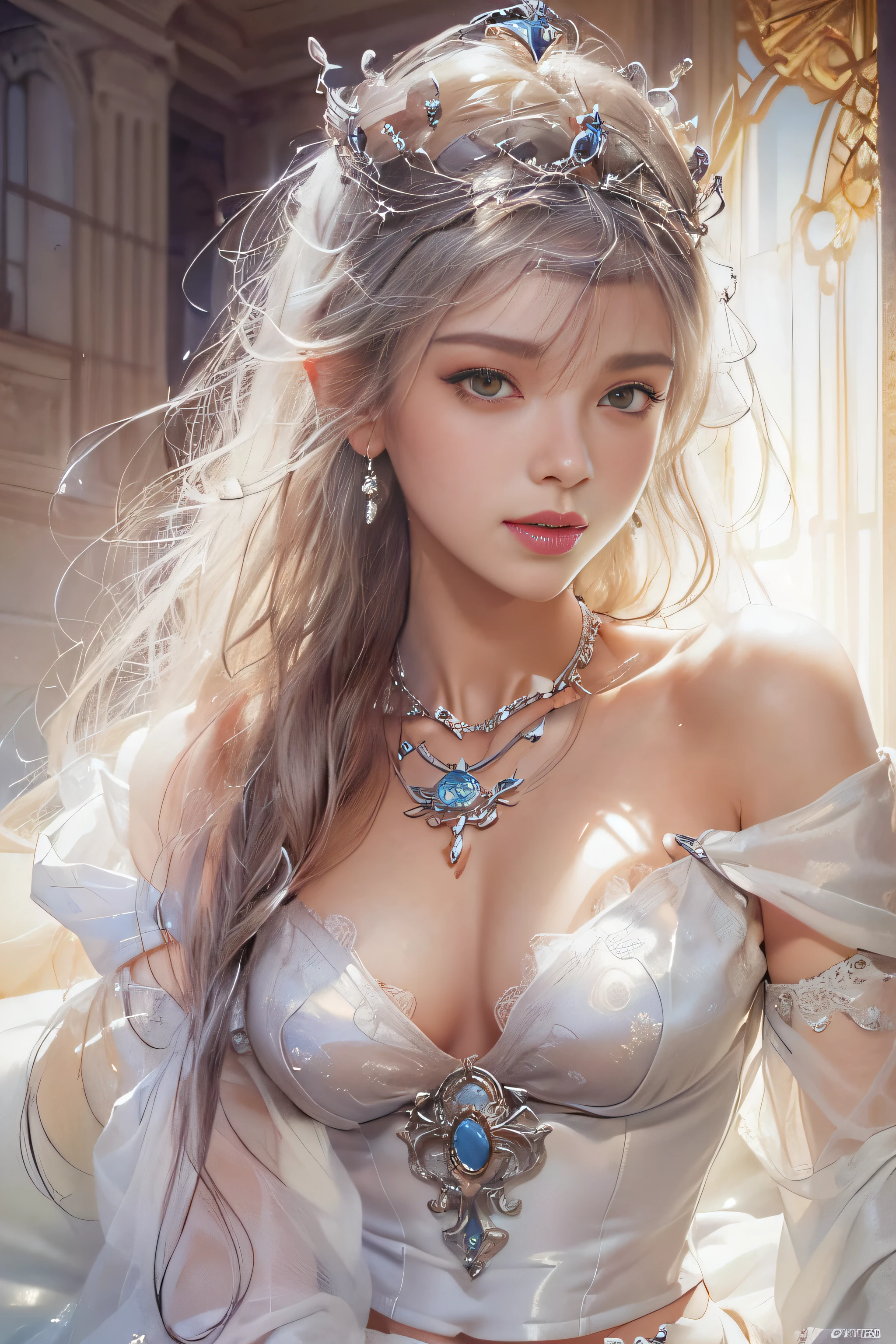 ((tmasterpiece:1.4)、(top-quality:1.4)、(reallistic:1.7))、By Luis Royo（By Luis Royo）Surreal portrait of a beautiful girl、Super beautiful girl、((1girl in:1.4))、Shiny natural skin texture、(The Queen's Gorgeous Costume)、((Sheer off-the-shoulder white one-piece mini skirt type:1.4))、((up skirt)),Authors：By Luis Royo（By Luis Royo）、age19、(Two arms:1.4、Two legs:1.4)、(perfect anatomia:1.4)、(Perfect female body:1.4)、Portrait photo of a girl、Close-up photos、Upper body photography、Fantasyart、Soft front light、Beautiful expression、kawaii faces、Beautiful udder、large full breasts:1.2、Beautiful ass、A detailed eye、Clearly eye-catching, beautiful and alluring、beautidful eyes、Narrow waist、Raw photo、red rip、Arrange your long hair as cool as a queen、(tiara crown:1.4、choker necklace:1.4、a necklace:1.4、耳Nipple Ring:1.4)、1 screen display、((Woman sitting on sofa bed)),((Translucent off-shoulder white dress))、((A smile))、((White T-back panties visible)),((erection)),