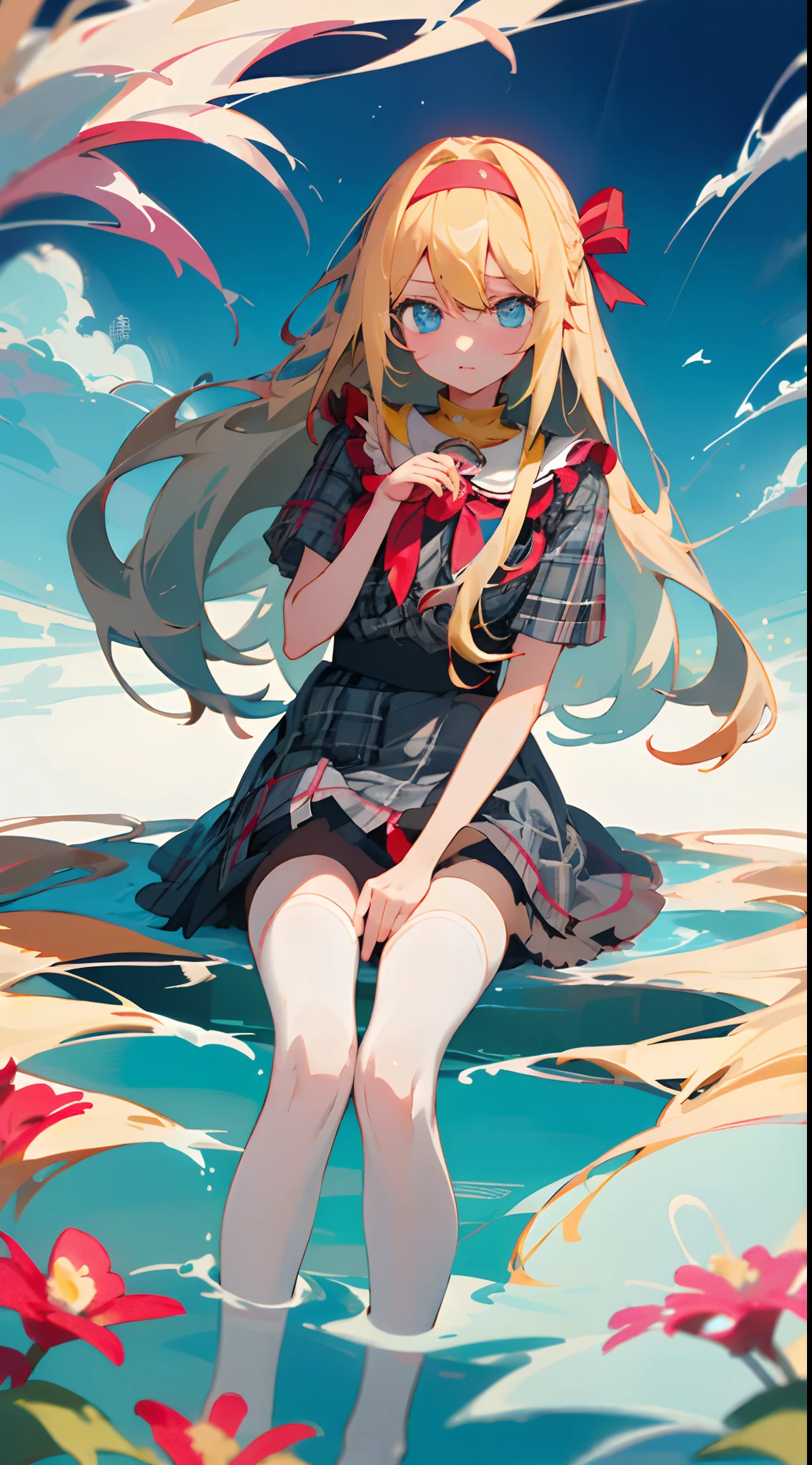 Masterpiece quality,The best quality assurance。A long blonde hair、Cute girl with aqua blue eyes。balmy,astonishment,Exudes magic,With a red headband,Long hair fluttered in the breeze,Be red in the face,White blouse with a baby doll collar tied with a pink bow on the chest,Grey and black plaid skirt,White stockings,Genki girl,Sit in a sea of flowers