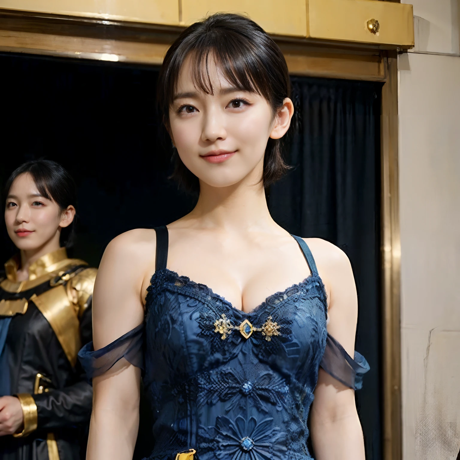 77
(20-year-old princess,is standing), (A hyper-realistic), (masutepiece), ((short-hair:1.46)), (Smooth black hair), (Breast:1.0), (kindly smile:0.9), (Luxurious dress in blue and yellow:1.46), Majestic Palace, Orange Lipstick