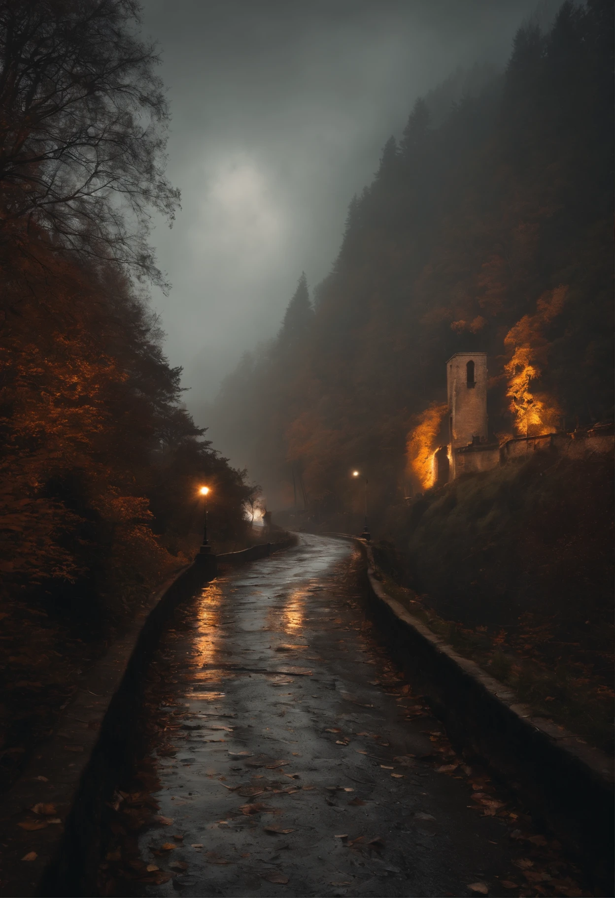 romatic，Germany，empire，Surrounded by smoke，ln the forest，cloaks，red tint，the street lights，Realistic 4K dark power，house，indescribable，darkly