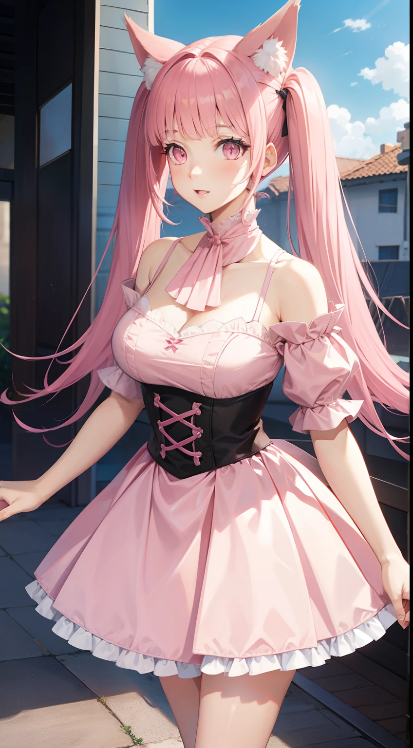 Tall Girl, short pink hair, High Twin Tails, Fox ears, Pink eyes, fox tails, Light dress, Open shoulders, masutepiece, hiquality