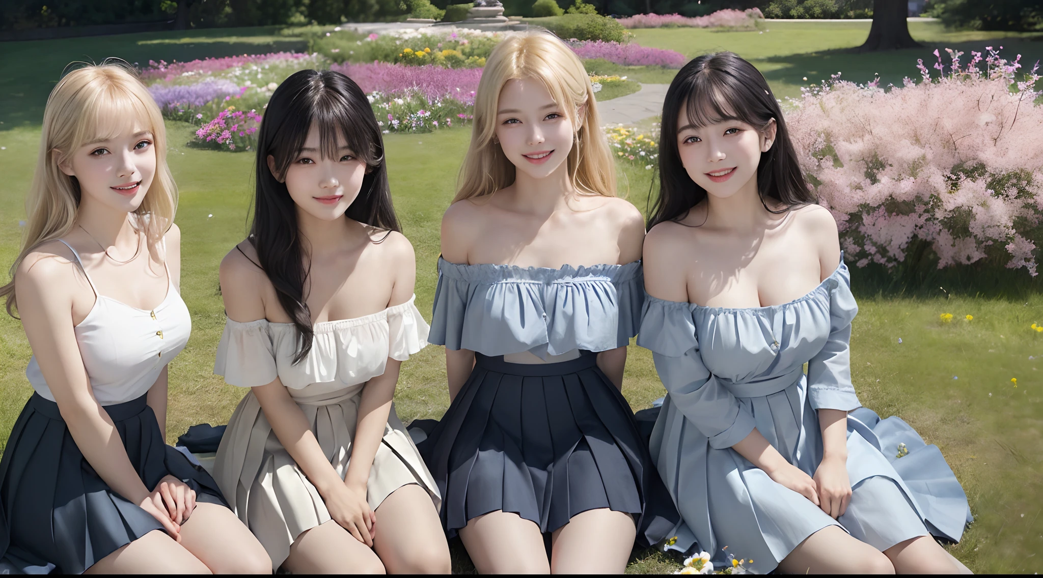 (3 girls), Young faceอินโดนีเซีย, 12 years,smile,Silver hair, white skin, Round breast, blue eyes,(( Strapless sweater))Masterpiece, Highest quality, 8K, beautiful girl, Young face、 photography, Cute face, thigh,In the meadow,(giant mushroom:1.4) Embarrassing、รอยsmile、((((((อายุ 12 years))))))、small waist、 ((Busty breasts)),   