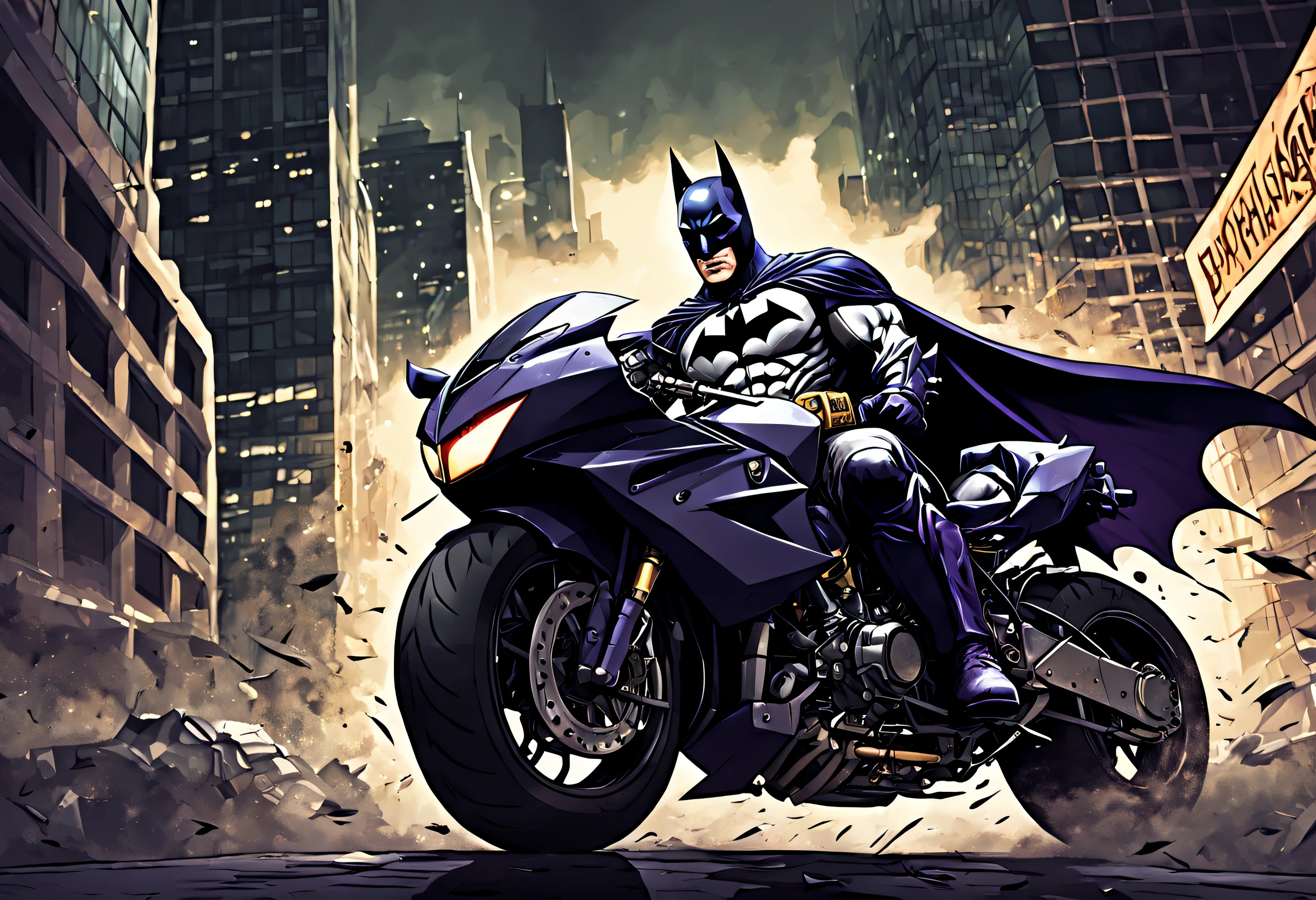 Batman, fighting the joker, comic book style, dynamic poses, action-packed, detailed costumes, vibrant colors, expressive faces, gloomy atmosphere, gloomy cityscape, night setting, dramatic lighting, city skyline, haunting laughter, heroic stance , high contrast. shadows, grim expressions, iconic characters, explosive action, speeding batmobile, acrobatic moves, epic battle, high intensity showdown, smoke and fog effects, dark alleys of Gotham City, heroic triumph, manic laughter, fighting duo crime, complex emotions, visible Adrenaline, mask and cape, cape fluttering in the wind, urban vigilantes, mischievous smile, chaotic energy, manipulative mind games, psychological warfare, sinister plots, heroic sacrifice, morally ambiguous, captivating narrative, fast-paced suspense, perfect illustration in pixels, emotional depth, animated panels. (Image inspired by the movie The Dark Knight: 1.3)