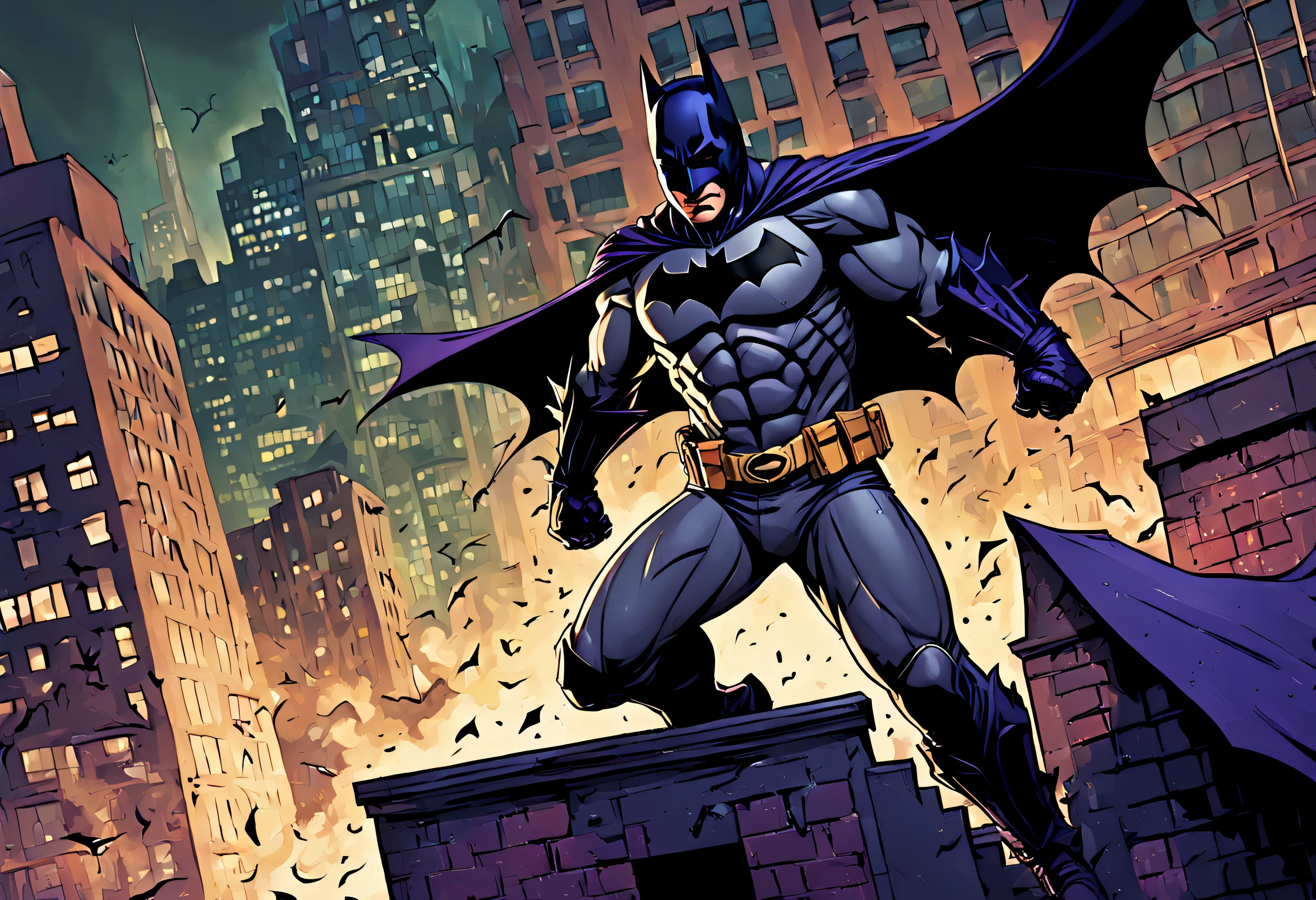 Batman, fighting the joker, comic book style, dynamic poses, action-packed, detailed costumes, vibrant colors, expressive faces, gloomy atmosphere, gloomy cityscape, night setting, dramatic lighting, city skyline, haunting laughter, heroic stance , high contrast. shadows, grim expressions, iconic characters, explosive action, speeding batmobile, acrobatic moves, epic battle, high intensity showdown, smoke and fog effects, dark alleys of Gotham City, heroic triumph, manic laughter, fighting duo crime, complex emotions, visible Adrenaline, mask and cape, cape fluttering in the wind, urban vigilantes, mischievous smile, chaotic energy, manipulative mind games, psychological warfare, sinister plots, heroic sacrifice, morally ambiguous, captivating narrative, fast-paced suspense, perfect illustration in pixels, emotional depth, animated panels. (Image inspired by the movie The Dark Knight: 1.3)