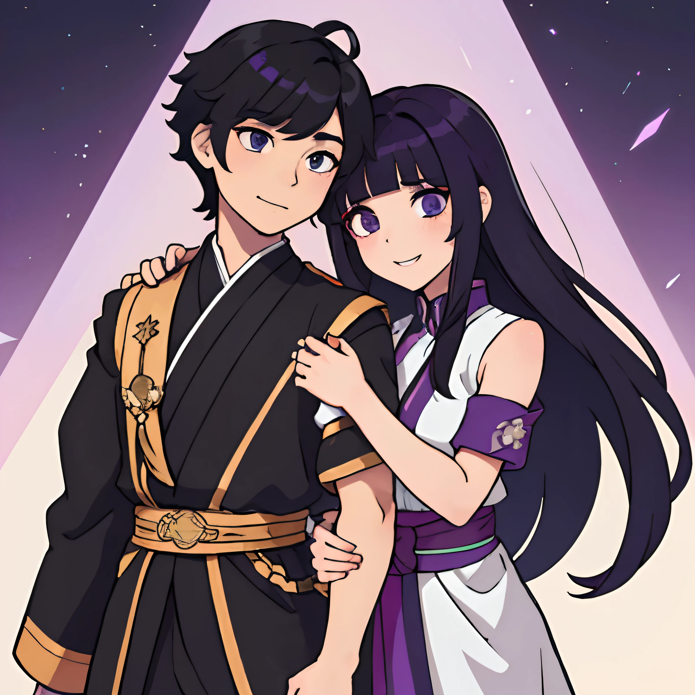 Draw genshin impact  couple, boy having his arm around girl's waist. Both leaning on each other. boy chibi with black hair and Messy Parted Light Bangs Korean Hairstyle and low faded sides. Girl hair in purple and long hair. Both smiling and looking at each other