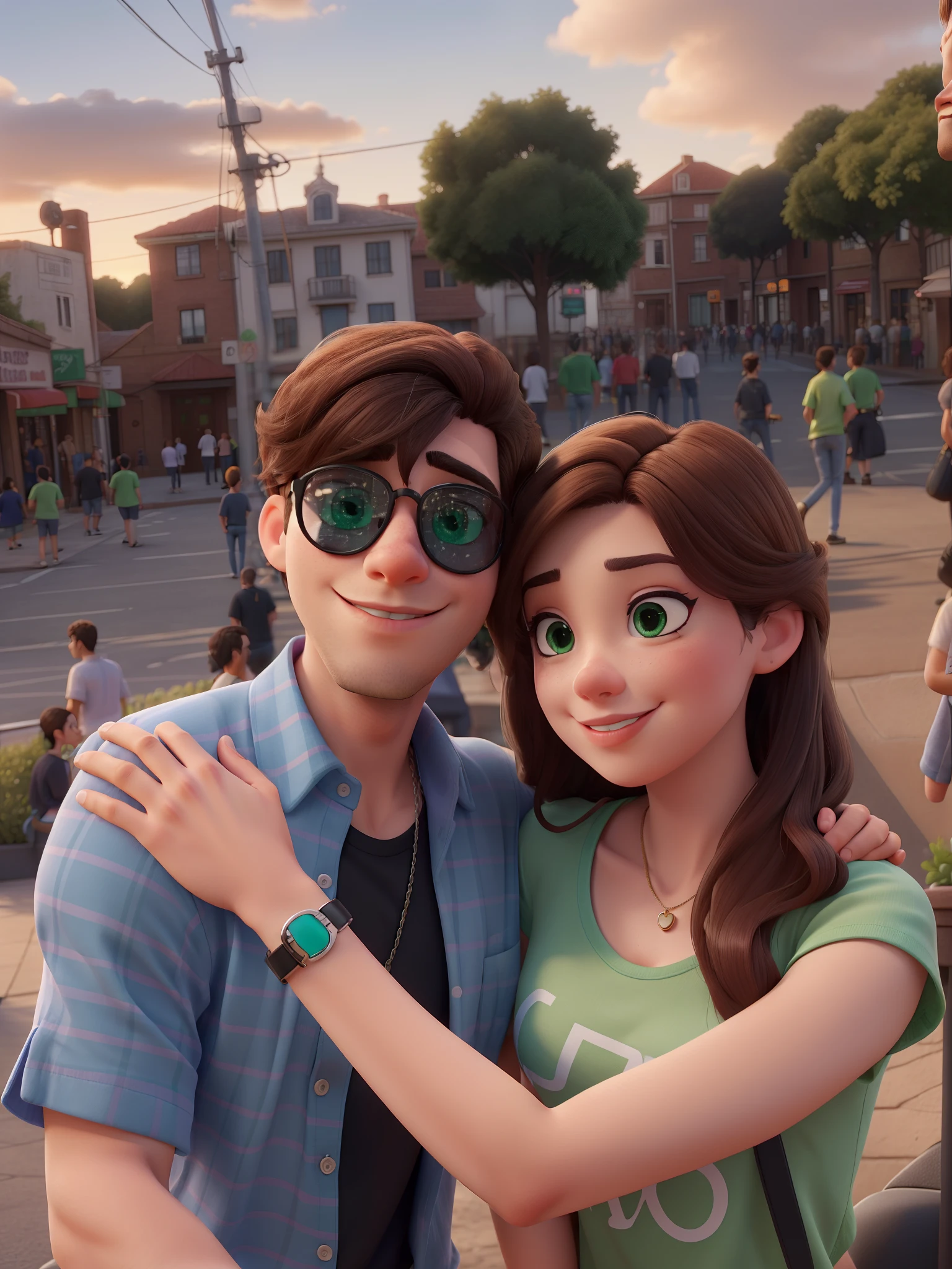 they are posing for a picture in a crowded area with people, leaked photo, leaked image, lovely couple, with sunset, 8k selfie photograph, friends 90 tv show, cartoon, perfect eyes, perfect color disney pixar, realistic, perfect color disney pixar, realistic, ultra sharp, 8k, man wearing blue shirt & black tees, woman wearing whit shirt & green tees, black hair woman, brown hair man, black sunglasses, afternoon vibes, studio light