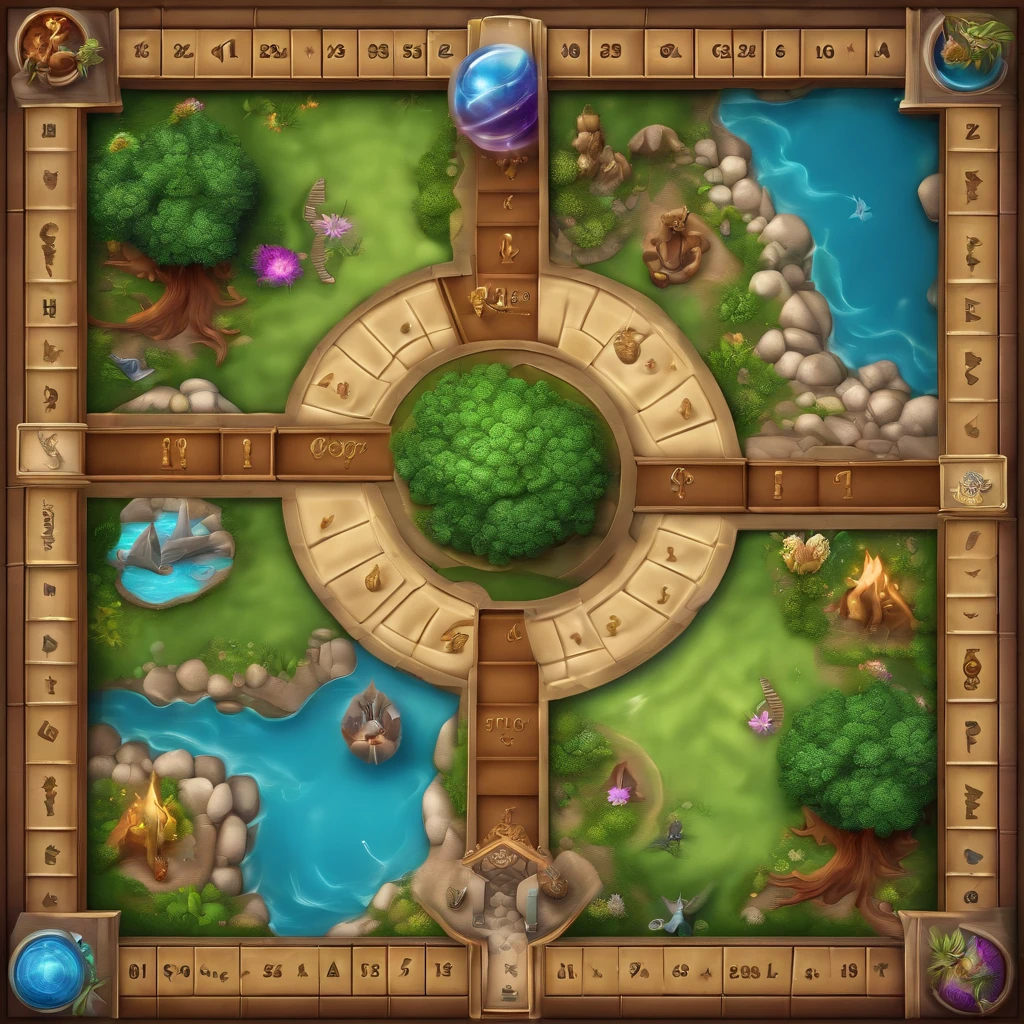 fantasy board game template,top view,3D render,ultra-detailed,map with color and number squares,mythical creatures,fairy tale characters,magical elements,vibrant colors,stunning art,illustration style,beautifully textured board,surreal landscapes,and intricate designs.