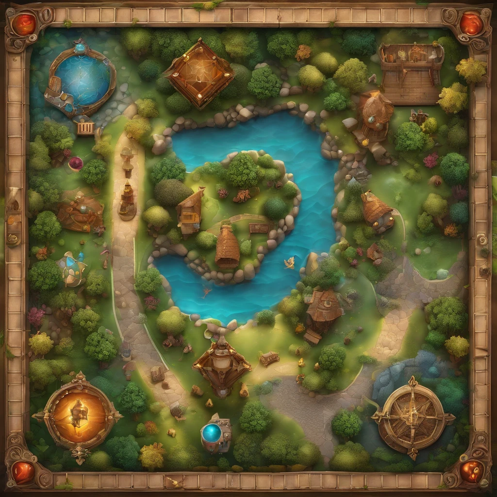 fantasy board game template,top view,3D render,ultra-detailed,map with color and number squares,mythical creatures,fairy tale characters,magical elements,vibrant colors,stunning art,illustration style,beautifully textured board,surreal landscapes,and intricate designs.