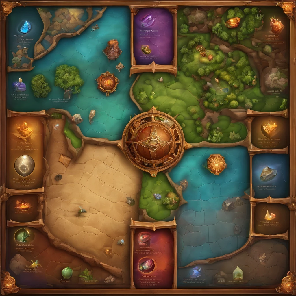 fantasy board game template,top view,3D render,ultra-detailed,map with color and number squares,mythical creatures,fairy tale characters,magical elements,vibrant colors,stunning art,illustration style,beautifully textured board,surreal landscapes,and intricate designs.