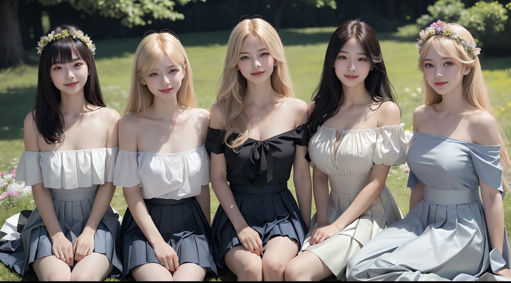 (3 female students, 1 elegant male), bright smile, beautiful mouth, (Bare shoulders), big breasts, pleated skirt, blonde hair, long black hair, bangs, sitting on the grass full of flowers in the park ( Best quality, Super detailed), (Heavenly starlight), (Wrapped in light), (Beautiful and mysterious),