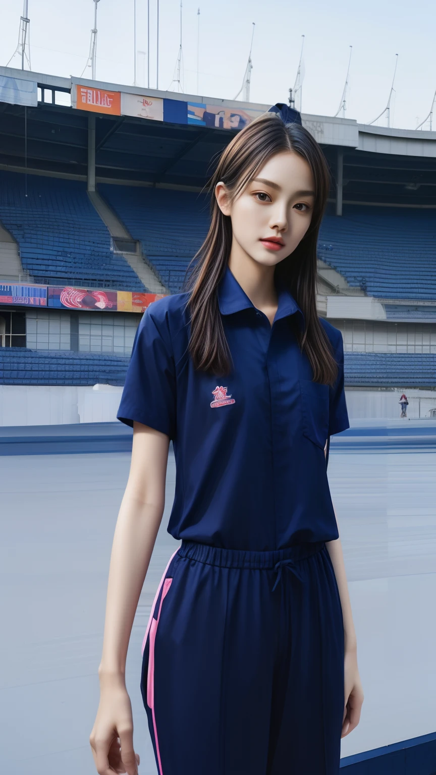 (bestquality,10,10,highres,masterpiece:1.2),ultra-detail,(Realistic,photorealistic portrait,photo-realistic:1.37),1 cute girl sitting on the football field,oily shiny skin,bara,light smile,BDclothes,((blue shirt:1.3)),short sleeves,shirt, trousers.,(navy_long_Pants Track:1.1), ((Stadium Background:1.3)),dynamic angle,excited,face focus,Dynamic Poses,from behide,Ass Focus,masterpiece, bestquality, ultra realistic, hyper-detail, 8k resolution, RAW photo, crisp focus, ((Navy blue shirt:1.1)), short sleeves, Long Path, Perfect body, 2 mature women, 18yo, cinematic light,Blue sweatpants,Gymware,Correct anatomy,Complete body, Correct body, sharp face, Anatomically correct body, full entire body, Realistic gestures, long-haired, Realistic poses,Wear long shorts.....................,Long leg span,Shapely,Sculpting Girl, Slender Figure, mannequin mannequins, Shapely, Beautiful body,Blue sweatpants