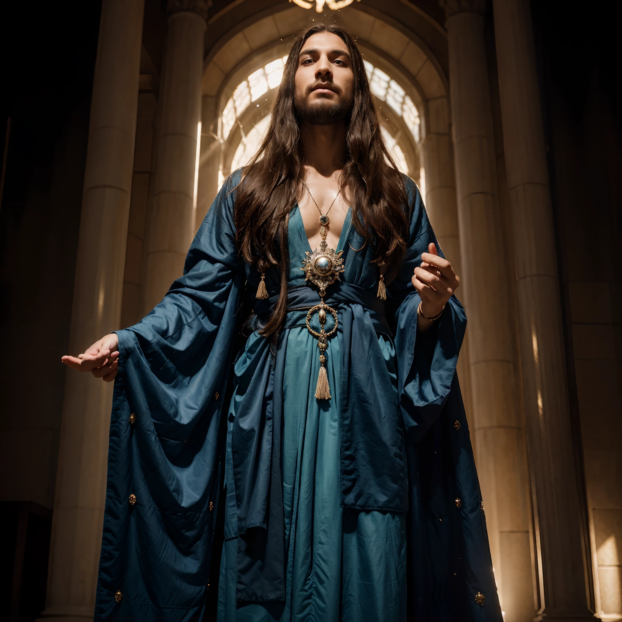 As a divine narrator, the god assumes the form of a regal and commanding figure. Standing tall and imposing, he possesses an ageless visage that emanates a sense of ancient wisdom. His chiseled face bears the marks of time, with fine lines etched around his sharp, piercing eyes. These eyes, shimmering with an otherworldly glow, hold the vast expanse of knowledge and understanding.
Flowing locks of silver cascades down his broad shoulders, reminiscent of a celestial waterfall. Each strand seems to radiate its own ethereal light, adding to his divine presence. A majestic beard, meticulously groomed, graces his face, bestowing an aura of venerability and authority.
Draped in resplendent robes of celestial hues, intricately woven with celestial motifs and symbols, he appears as a living embodiment of cosmic power. The fabric seems to shift and shimmer as if touched by the very essence of the stars. Adornments of celestial gemstones, embedded within his attire, glow with an otherworldly radiance.
His voice resonates with a deep and commanding timbre, filled with the echoes of a thousand divine whispers. Each word carries a weight and power that commands attention and reverence. As he speaks, his words seem to dance with celestial melodies, captivating all who hear his divine narration.
A divine aura envelops him, an aura that blends hues of celestial light and divine energy. It exudes a sense of profound serenity and awe, inspiring mortals to bow in reverence. In his presence, mortals feel the magnificence of the cosmos and the boundless depths of his divine nature.
As the divine narrator, he weaves intricate tales with eloquence and precision, his words painting vivid tapestries of imagination and wonder. He guides the destinies of heroes and sets the stage for epic adventures. His narration possesses a divine clarity, infusing each tale with an otherworldly depth and significance.