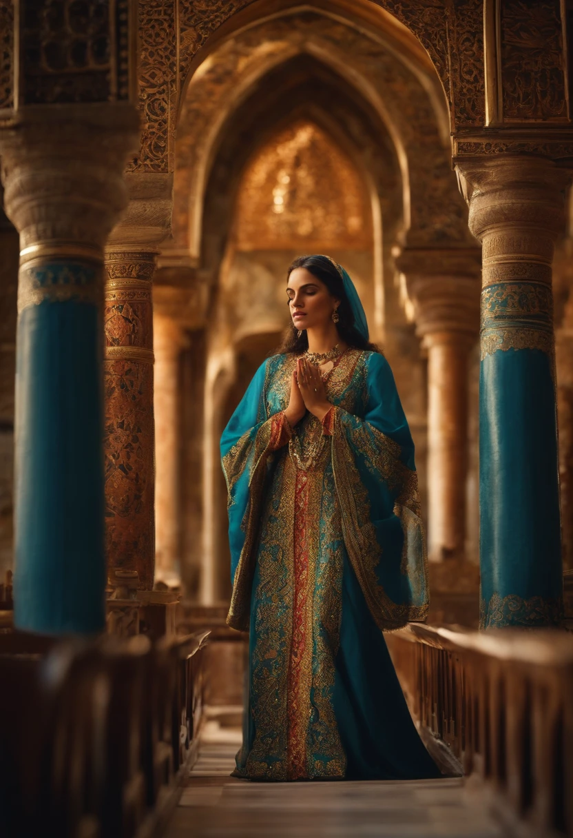 One day with rain and fog at night, a very beautiful white-skinned Swedish woman, squatting, in the middle of a traditional Arabic plaza (a fountain, stones and columns), she is in a resting pose with her arms covered by the sleeves of the dress and in the background you can see a desert mountain landscape. She is wearing a traditional female arabic dress and her long blue dress is embroidered with golden threads. Her hair is covered by a blue chador and she has floral arrangements of red geraniums around her., cinematic lights. Masterpiece, best quality, 8K, photo realistic, wallpaper, wallpaper 8k, photographic contest winner, Hyperrealistic art cinematic film still photography in the style of detailed hyperrealism photoshoot. [Entire scene is surrounded by lights, evoking a magical and eerie atmosphere. The lighting is bright and atmospheric, with smoke adding a touch of sinister ambiance. Best quality image, HDR enhancement, showcasing the utmost level of detail and realism]. [8K, Best Quality, Ultra High Resolution, (highly detailed CG unity 8k wallpaper), (best photo), (best shadows), isometric 3D, octane rendering, ray tracing, highly detailed, (Best quality, 4K, 8k:1.2), absurdity, ultra detailed, (realistic, photorealistic, photorealistic:1.37), complex parts, HDR, (complex parts:1.12), (hyper detailed, hyper realistic, Soft lighting, spicy:1.2), (complex parts, Hyper detailed:1.15). Blurred foreground. (backlit), masterpiece, high quality, brightness, chromatic aberration, foggy smoke, shadows, contrast, clear sky, (warm hue, warm tone), high details, natural reflections].