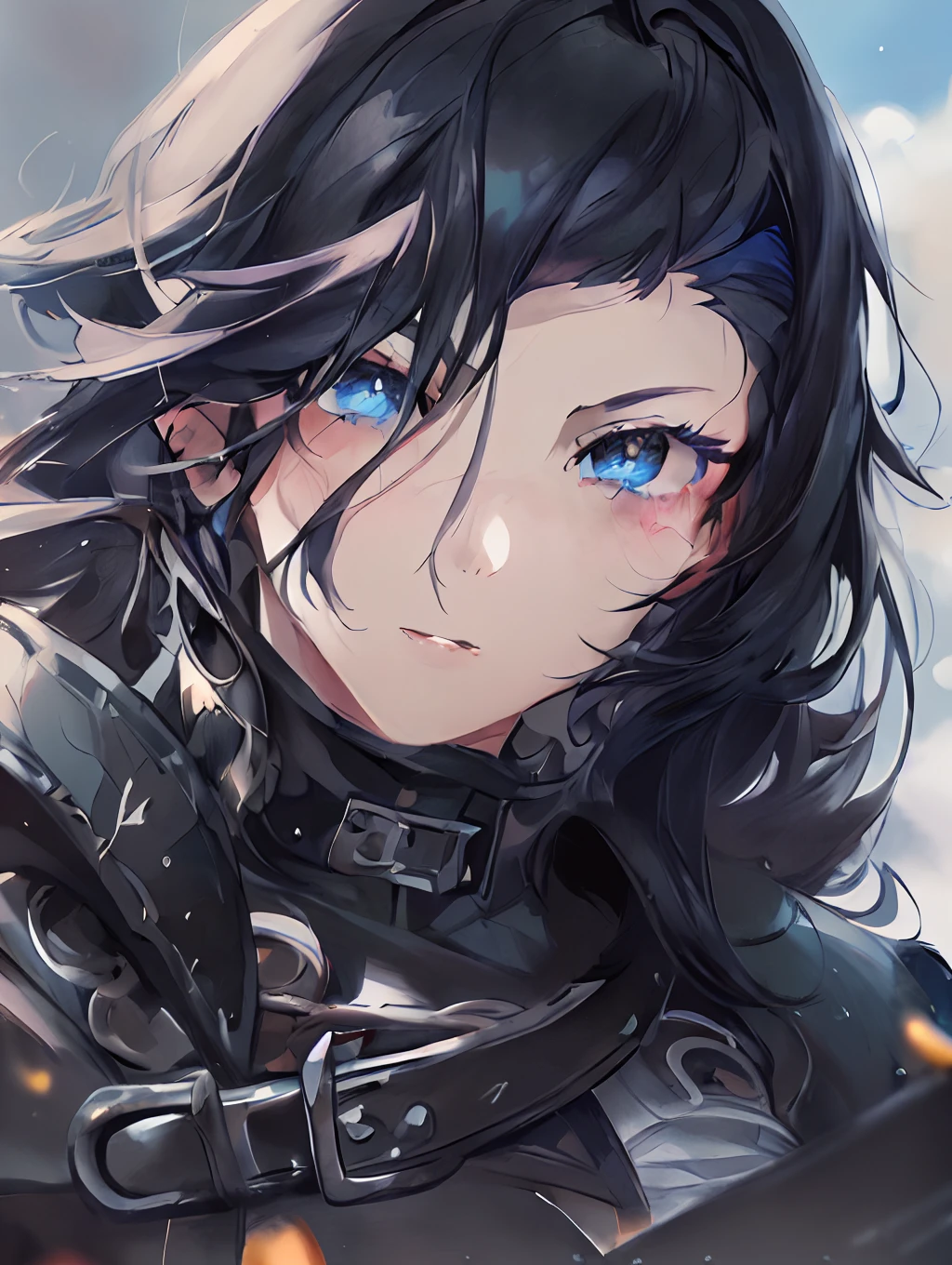 anime girl with blue eyes and black hair in a black outfit, detailed digital anime art, detailed anime character art, crisp clear rpg portrait, portrait knight female, stunning anime face portrait, detailed portrait of anime girl, detailed key anime art, closeup character portrait, extremely detailed artgerm, black - haired mage, badass anime 8 k, character art closeup