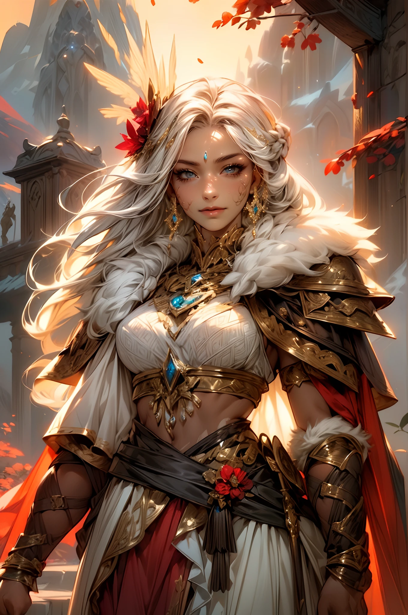 Fine illustration, ultra detailed, highres, from below, beautiful, gablin_woman, elegant standing_pose, slightly smiling,close mouth, elegant look, ((looking at viewer)),barbarian_dress, black_afro_glistening long braided_hair, tall warrior, ((dark_skin_female)), smoky_glowing world, detailed countryside_dress with glittery paladin woman_dress, detailed embroidery, white fur_cape, extremely layered frills