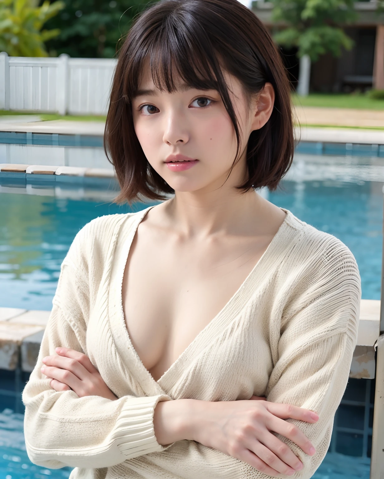 best quality, photorealistic, 8k, high res, 1girl, woman, (skindentation), (portrait:0.6), gorgeous, ((poolsidebackground:1.8)), ((smallsize round breast, highnecksweater:1.85)), straight-looking at viewer:1.8, (1girl eyes looking at viewer, medium-length hair,  brownhair, partedbangs:1.65), photorealistic, (bokeh), (closed mouth:1.46), gorgeous, pureerosface_v1,