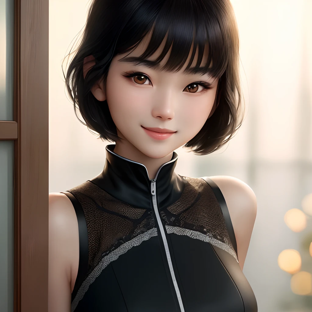 masterpiece, 1 beautiful girl, detailed eyes, puffy eyes, best quality, ultra high definition, (reality: 1.4), original photo, 1girl, cinematic lighting, Japan, asian beauty, korean, super beautiful, beautiful skin, slender, small chest, body facing front, (ultra-realistic), (high resolution), (8K), (very detailed), (best illustration), (beautifully detailed eyes), (ultra detailed) , detailed face, looking at the viewer, facing straight ahead, neat clothes, sleeveless, short hair, black hair, 46 points diagonal bangs, room based on white background tone, neat atmosphere,happy sexy smile