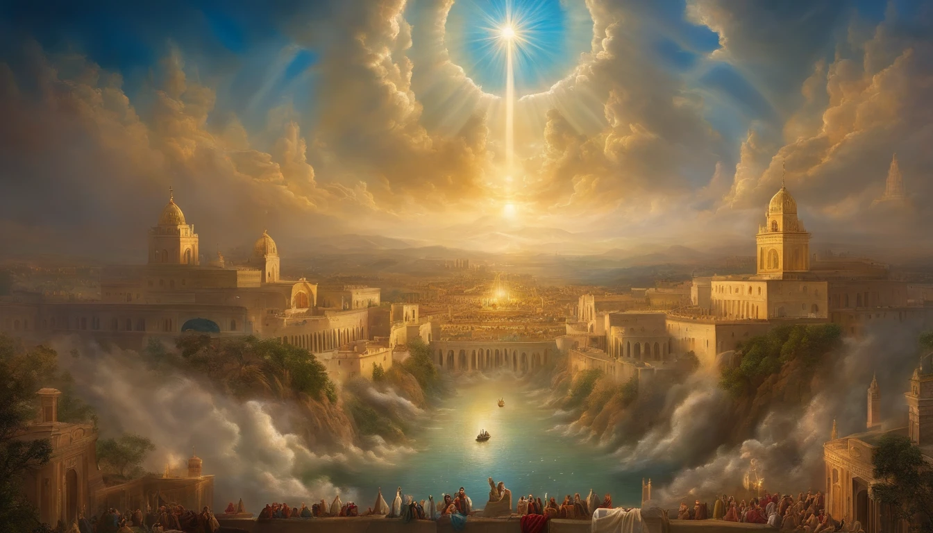 Describe the descent of the New Jerusalem from the heavens. Paint a captivating picture of the heavenly city and how it offers hope amid the chaos. Highlight the occurrence of people facing this miraculous event.