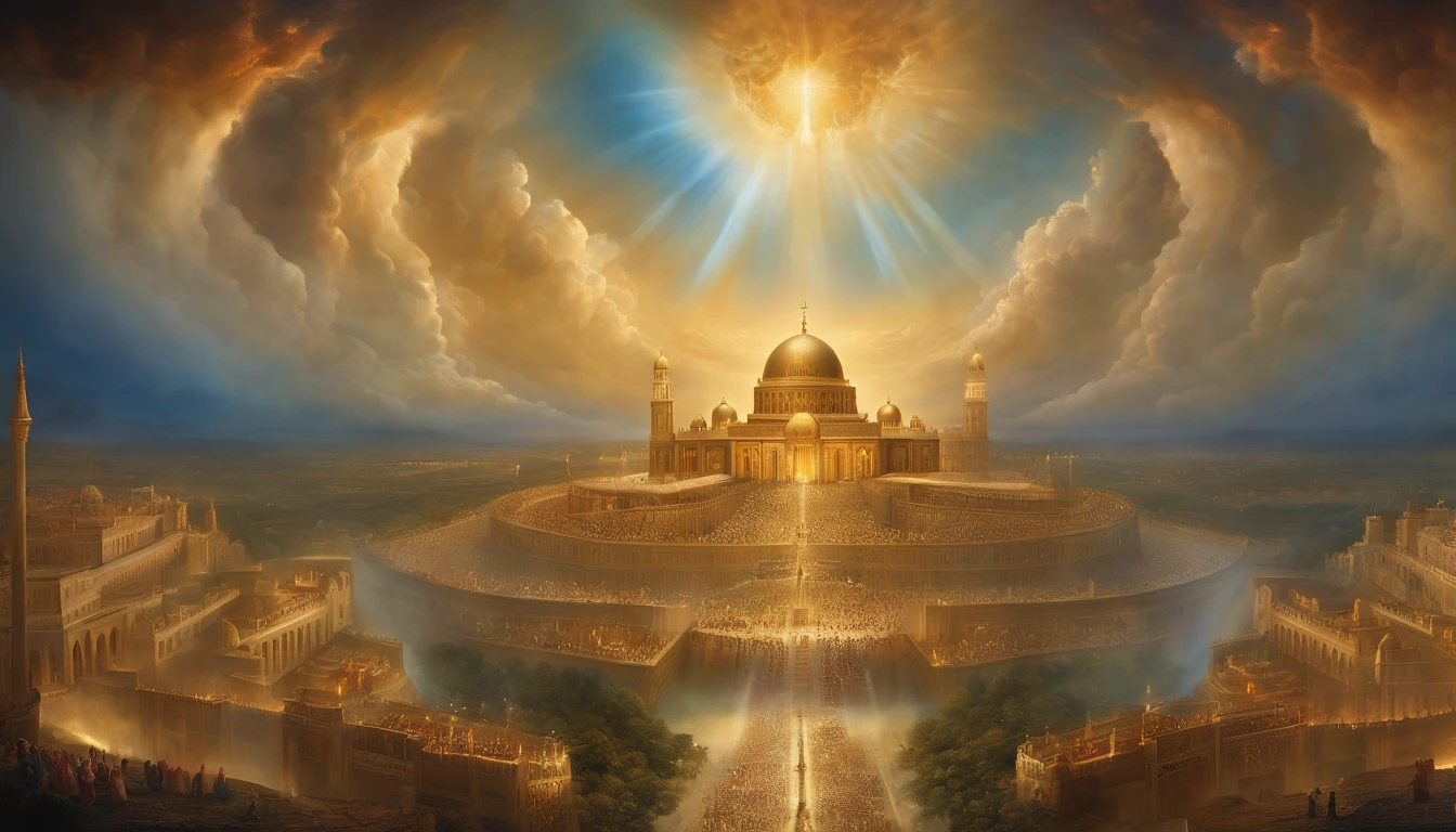 Describe the descent of the New Jerusalem from the heavens. Paint a captivating picture of the heavenly city and how it offers hope amid the chaos. Highlight the occurrence of people facing this miraculous event.
