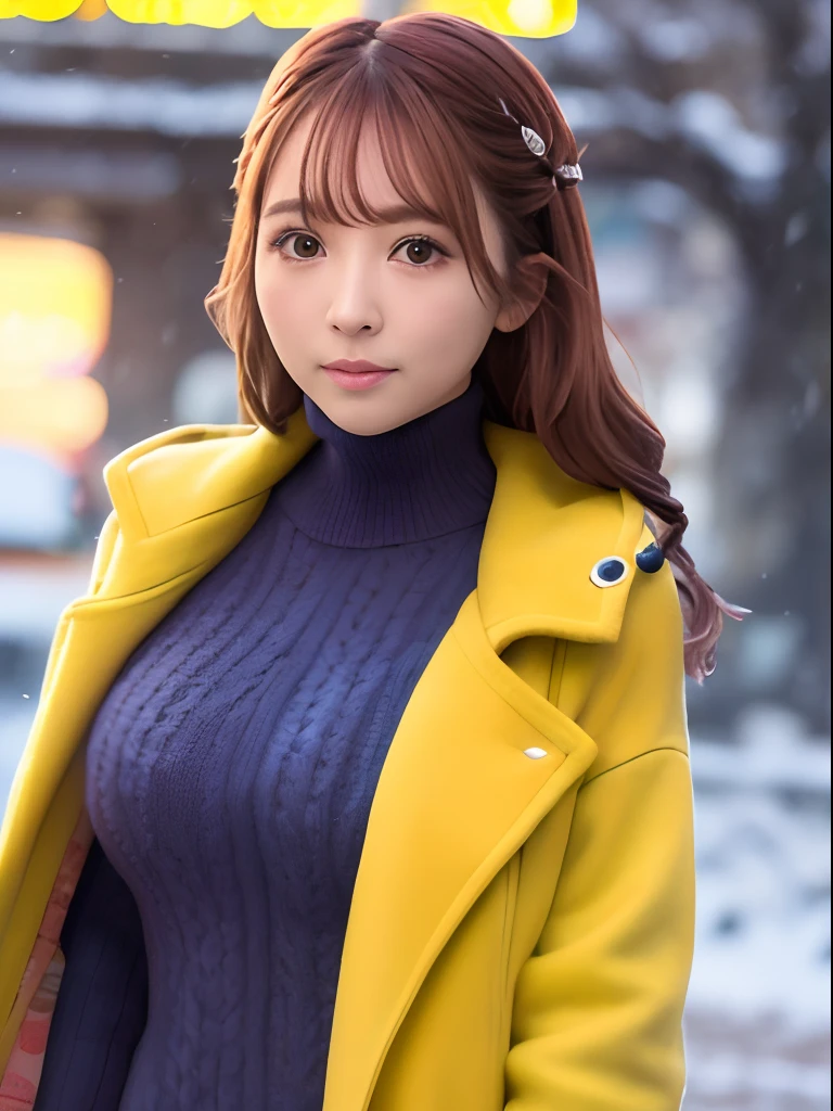 (8K, Best Quality, masutepiece: 1.2), girl with、kawaii faces,Outerwear wears a long yellow coat、A pink sweater can be seen from under the coat、FULL BODYSHOT、The background is、Flickering and falling snow、Cinematic production、High-quality lighting