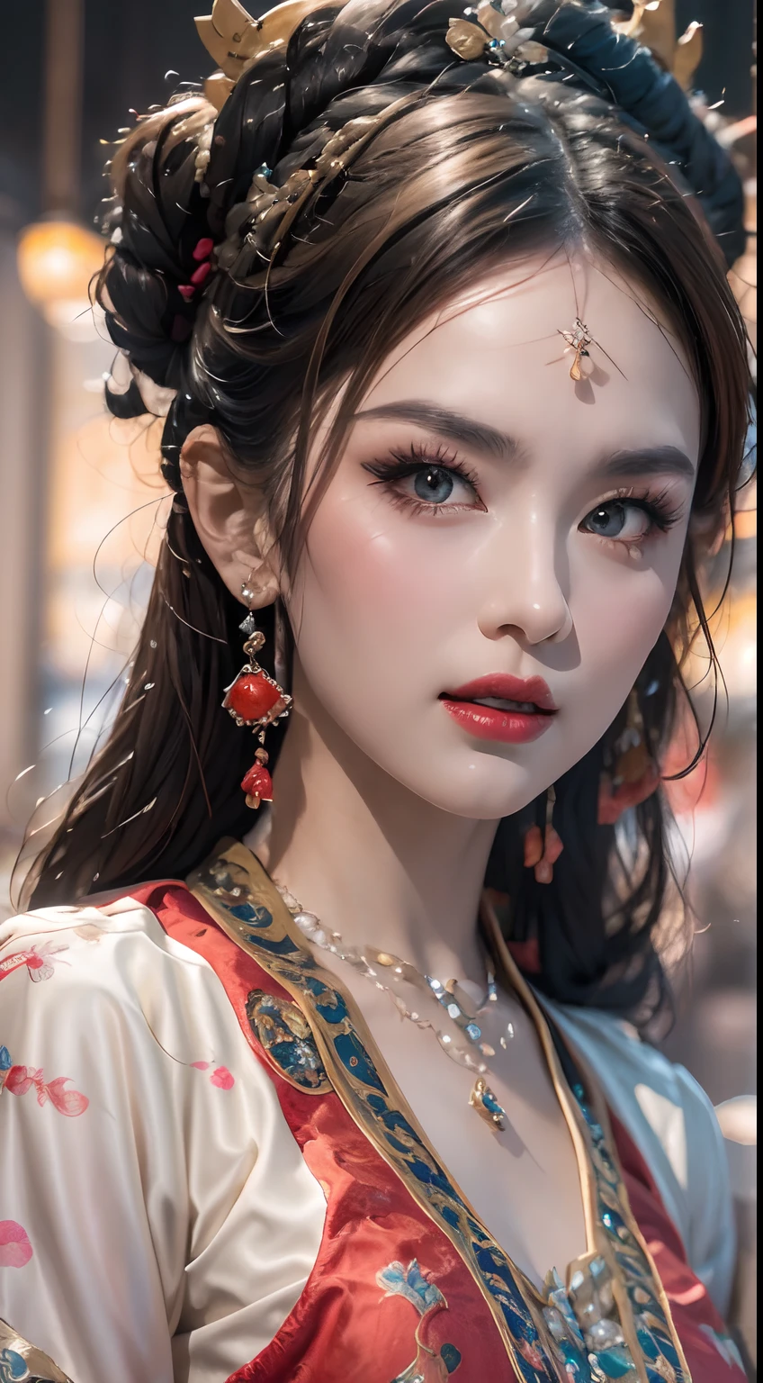 A beautiful portrait of a 20-year-old saint, Wearing a thin multicolored silk dress, Beautiful face without blemishes, ((Natural smile:0.3)), Mouth closed, ((7 color hair length:1.2)), The Great Crown, Hair brooch, Hanfu dress, Chinese ancient style, Full body accessories, Tattoo on the forehead, Ultra-flat chest, face, Red lips, Delicate pink and white eyes (White and details) Cinematic, light and dark, Dramatic lighting, Magical light, Extremely detailed light, True color, Super sharp, Realistic, 8K quality, Fantasy universe background, Saints and magical spaces, The most detailed image, Exhibition photos, Awarded, Striking bright tonal effect,